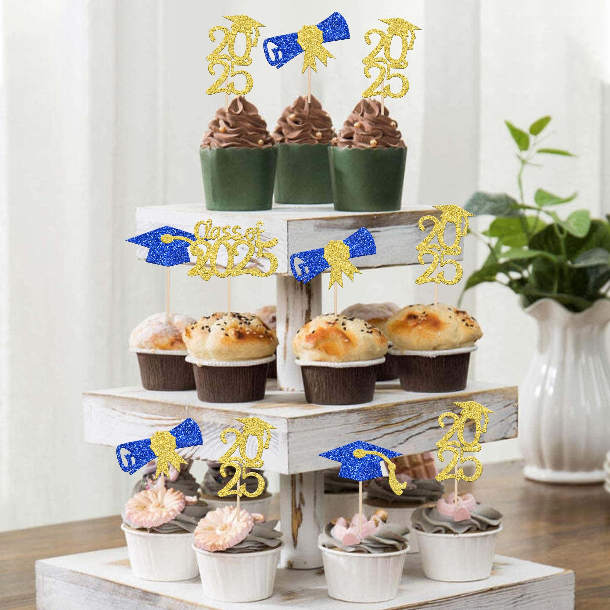 36 PCS Class of 2025 Graduation Cupcake Toppers - Glitter Cap & Diploma Cake Decorations for 2025 Graduation Party Supplies (Blue & Gold) - Perfect for Graduation Ceremonies, School Parties & Celebration Cakes