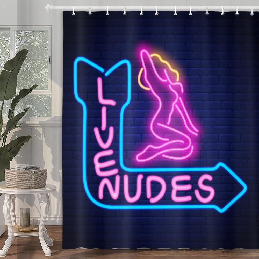 JAWO Funny Live Nudes Shower Curtain - Blue & Purple Bathroom Decor with Neon Sign & Sexy Girl Design - 69x70 Inch Fabric Shower Curtain Set with Hooks - Perfect for Unique Bathroom, Party, or Bachelor Pad Decor