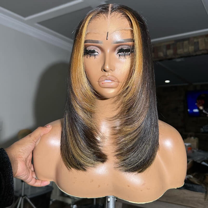 Eullair Layered Cut Short Glueless Human Hair Bob Wig - Brown Highlight Pre Cut 4x4 5x5 Straight Skunk Stripe | Perfect for Cosplay, Daily Wear & Fashion Styling