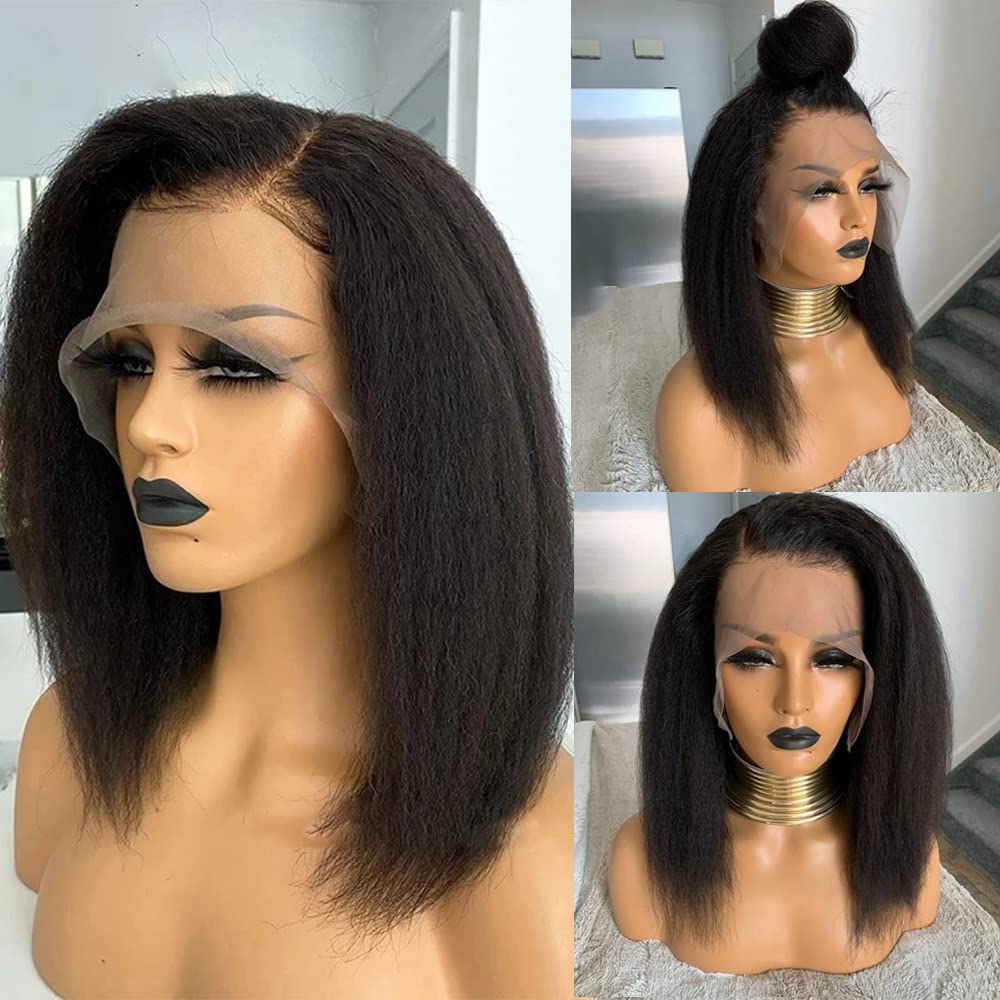 360 HD Lace Front Wigs Brazilian Virgin Human Hair - Natural Black Short Kinky Straight Bob Wigs for Black Women | Pre-Plucked with Baby Hair & 150% Density | 12 Inch | Perfect for Daily Wear, Parties & Special Occasions