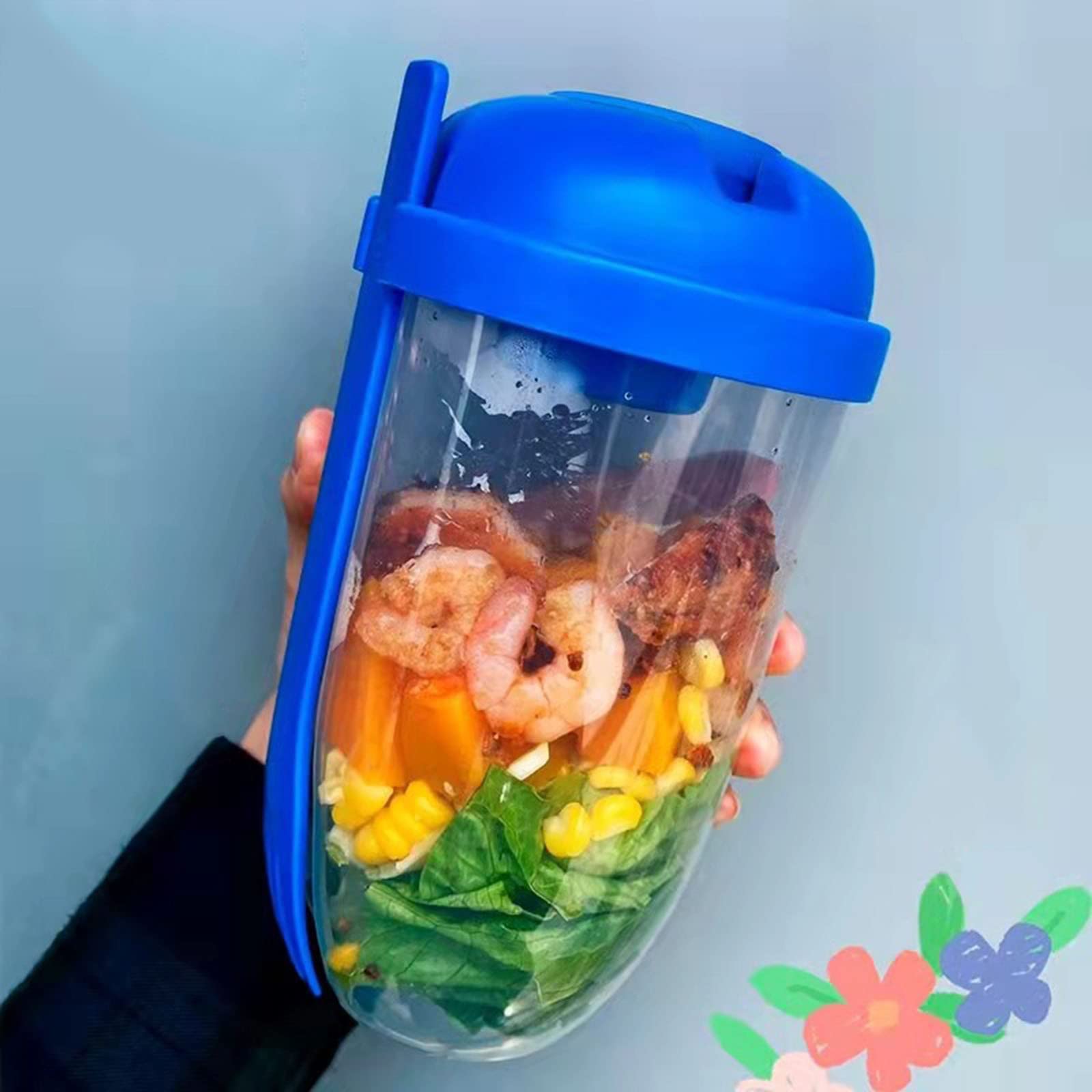Gbehee Fresh Fruit & Vegetable Cup with Dressing Container & Fork - BPA-Free Portion Control Food Storage Container for Salads, Snacks & Meal Prep (Blue)