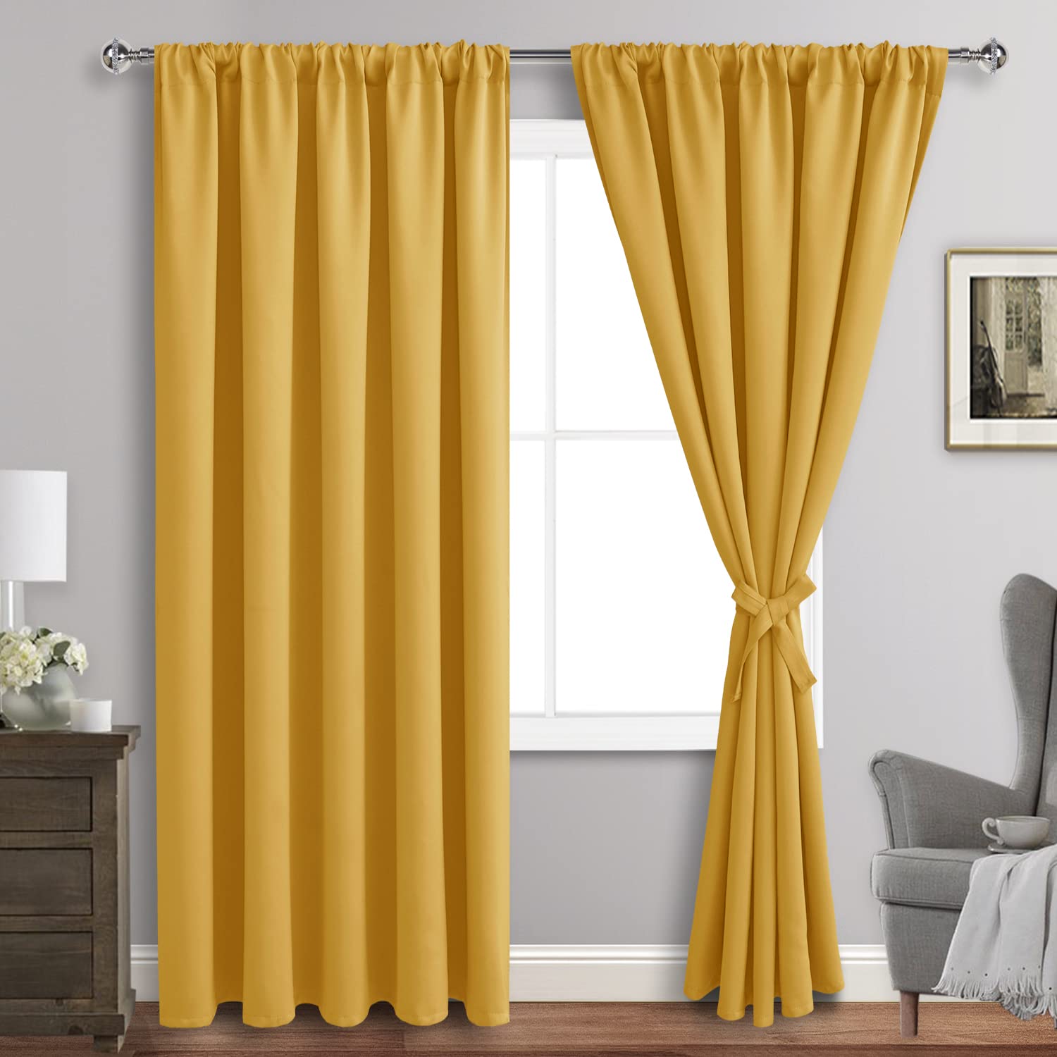 Blackout Curtains for Bedroom & Living Room - Thermal Insulated, Noise Reducing, Room Darkening (70x84 Inch, Set of 2 Panels with Tiebacks, Yellow) - Perfect for Better Sleep, Home Theater & Energy Savings