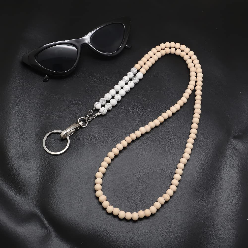 Beaded Wooden Lanyard for ID Badges & Keys - Natural Stone Necklace for Women - Office & Event Use