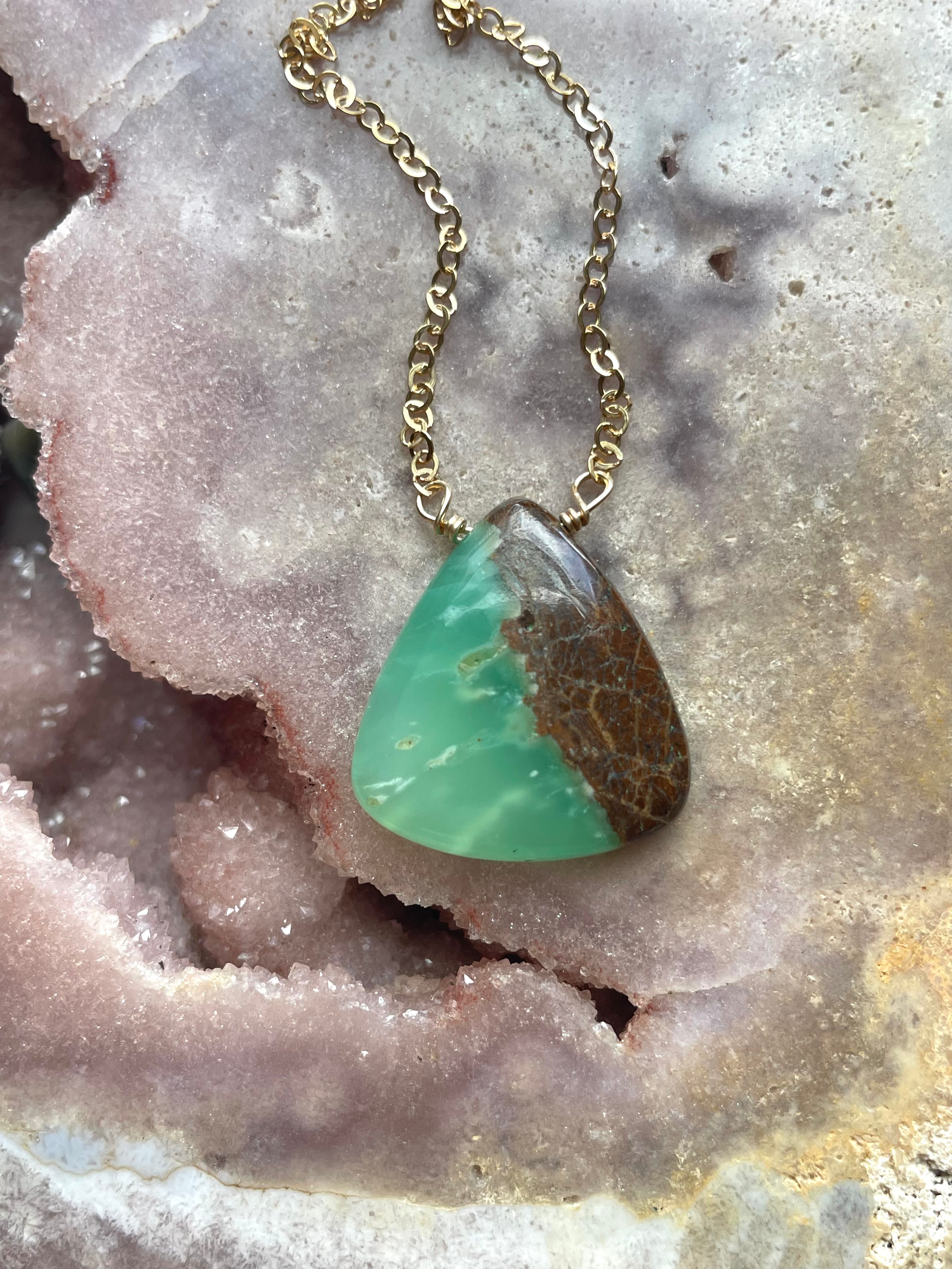 Natural Chrysoprase Gemstone Pendant Necklace - 16