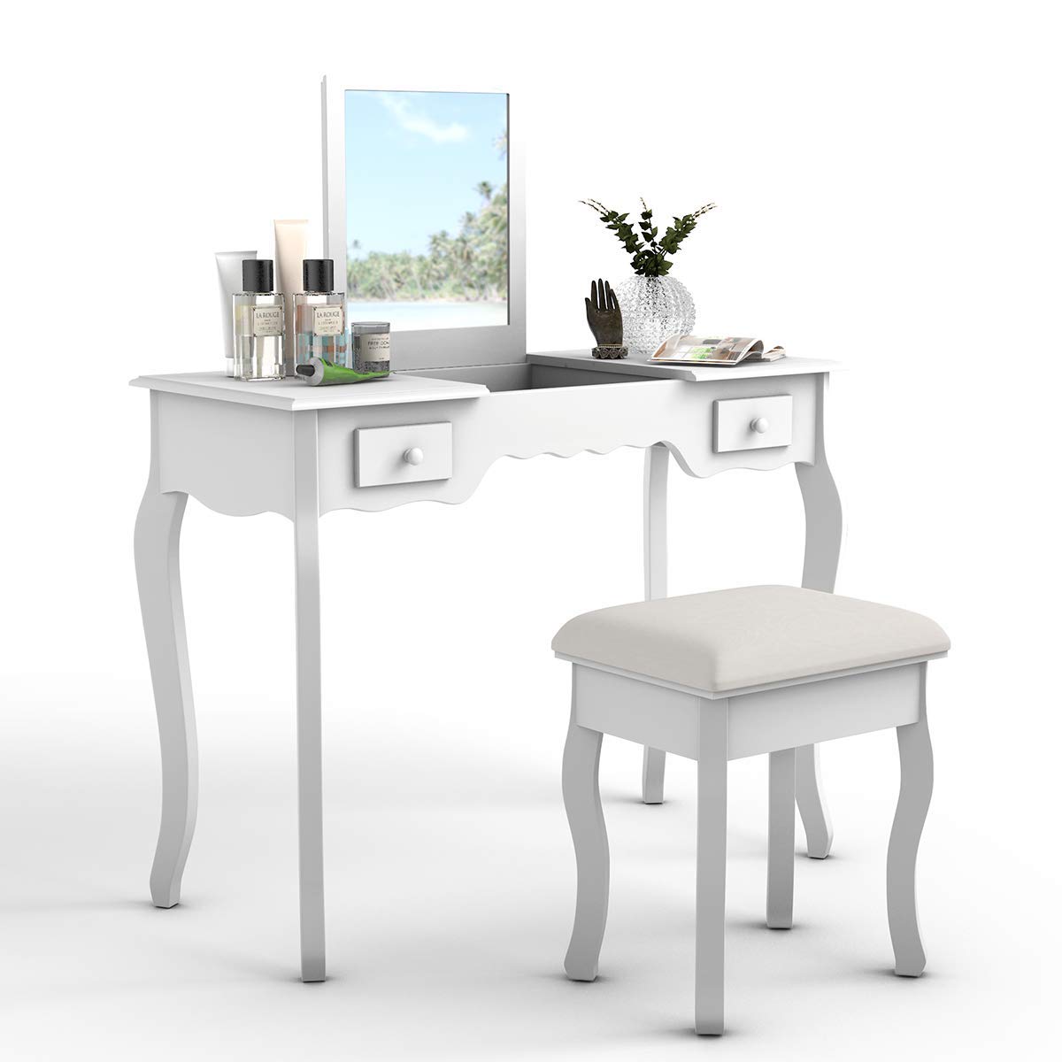 Dual Purpose Vanity Set with Mirror & Stool - MDF Makeup Desk for Daily Use