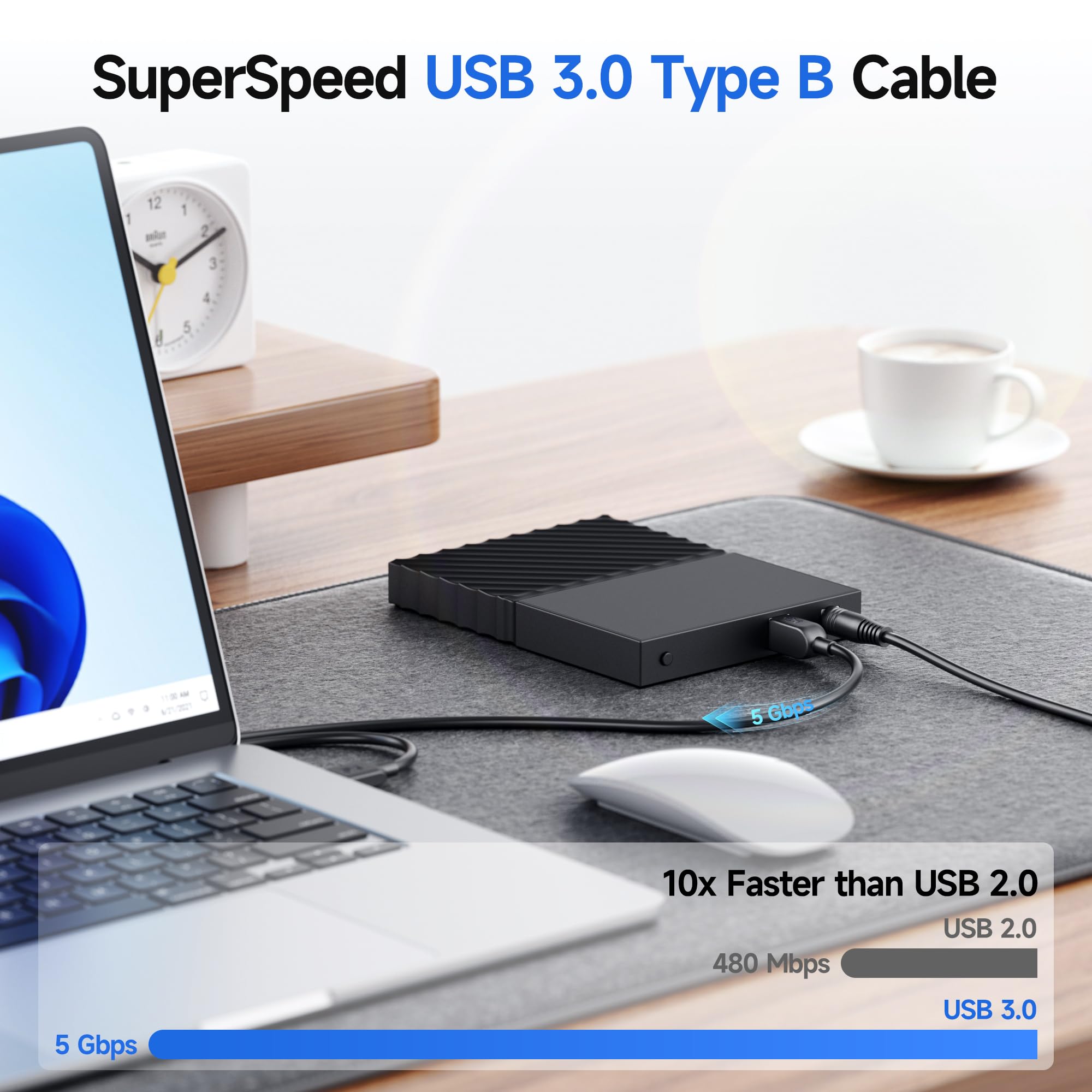 High-Speed USB 3.0 Cable A to B (2-Pack, 3ft) - Fast Data Transfer for Printers, Scanners & External Hard Drives | Durable & Tangle-Free | Black