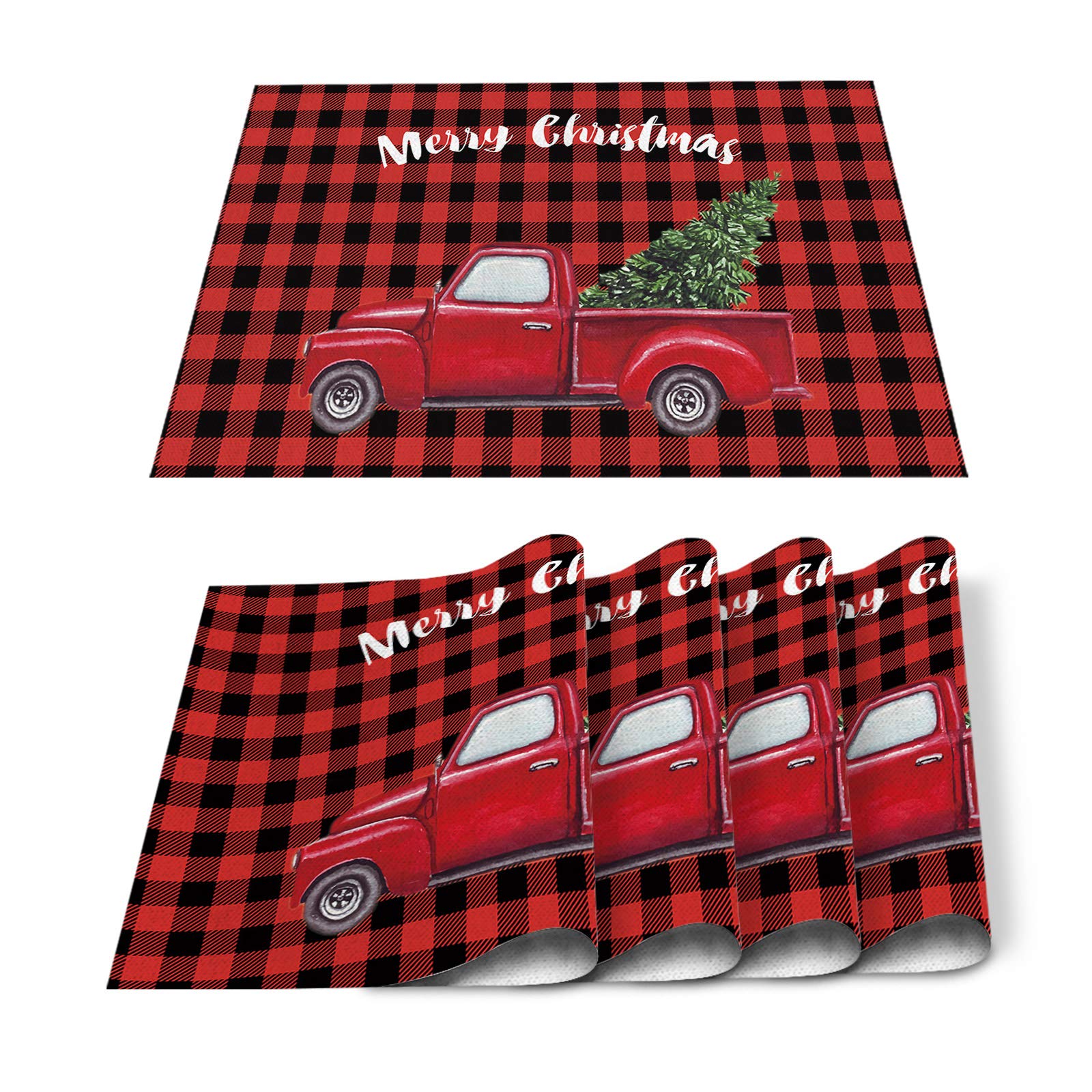 Washable Non-Slip Christmas Placemats Set of 4 - Red Truck Pulling Xmas Tree Buffalo Plaid Heat Resistant Table Mats for Farmhouse Dining | Holiday Kitchen Decor & Dinner Party Essentials