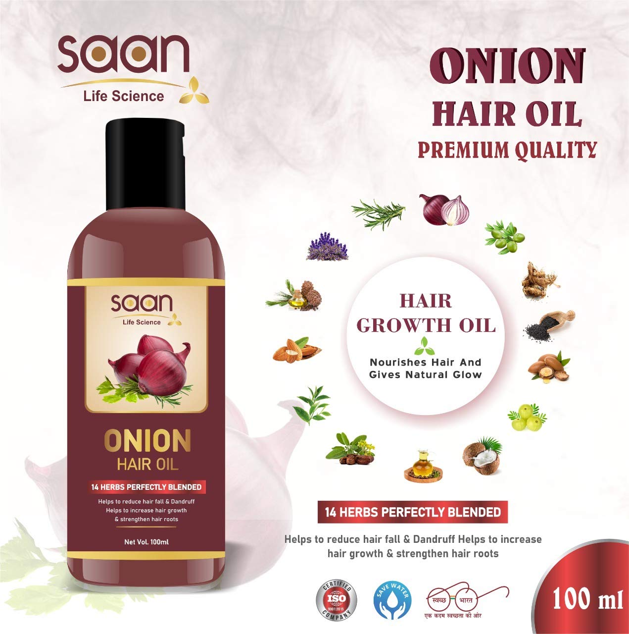 SAAN Life Science Onion Oil for Hair Growth & Hair Fall Control - 100ml with 14 Essential Oils | Natural Hair Treatment for Thinning Hair, Dry Scalp & Split Ends | Promotes Stronger, Longer & Healthier Hair | Perfect for Daily Hair Care Routine & Scalp Massage