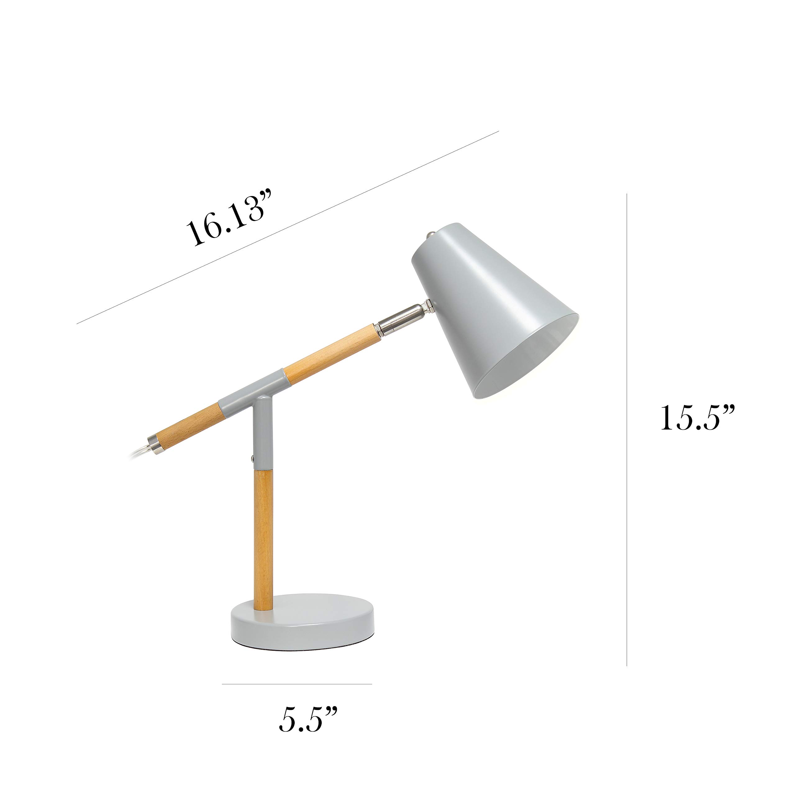 Simple Designs LD1059-GRY Gray Matte & Wooden Pivot Desk Lamp - Adjustable LED Task Light for Home Office, Study, Reading & Nightstand Use