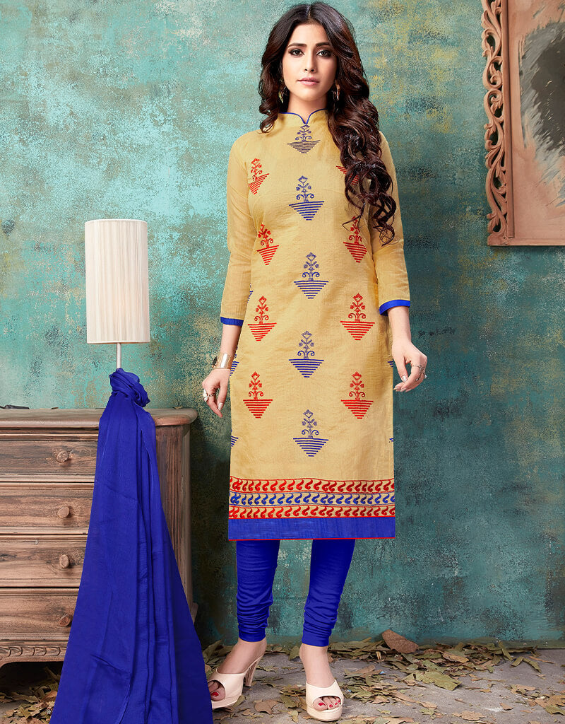 Beige Cotton Chudidar Salwar Suits for Women - Traditional Indian Ethnic Wear for Festivals & Weddings
