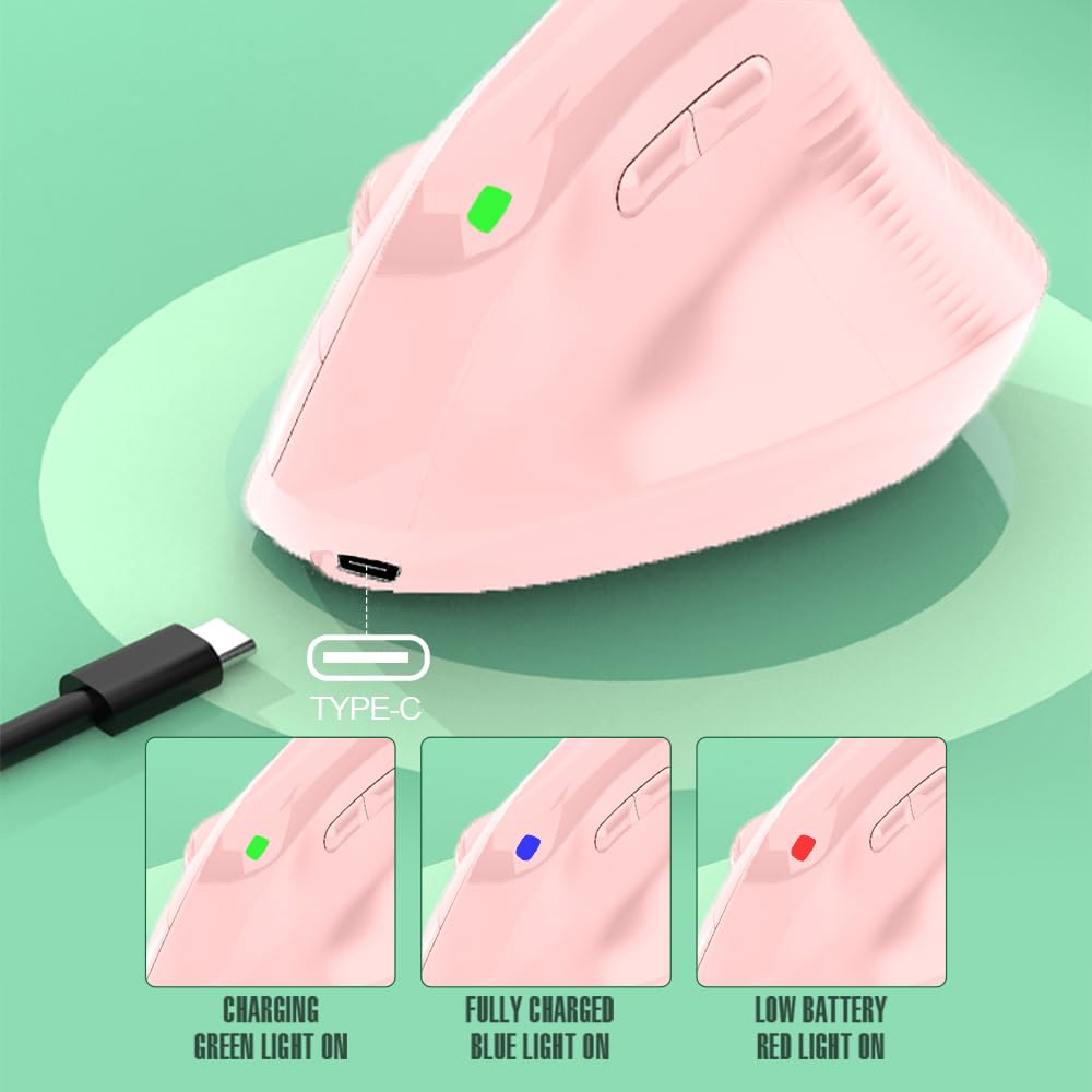 Wireless Vertical Ergonomic Mouse - USB-C Rechargeable 4000DPI Silent Mouse for Carpal Tunnel Relief - Pink Ergonomic Computer Mouse for Office Work, Gaming & Home Use