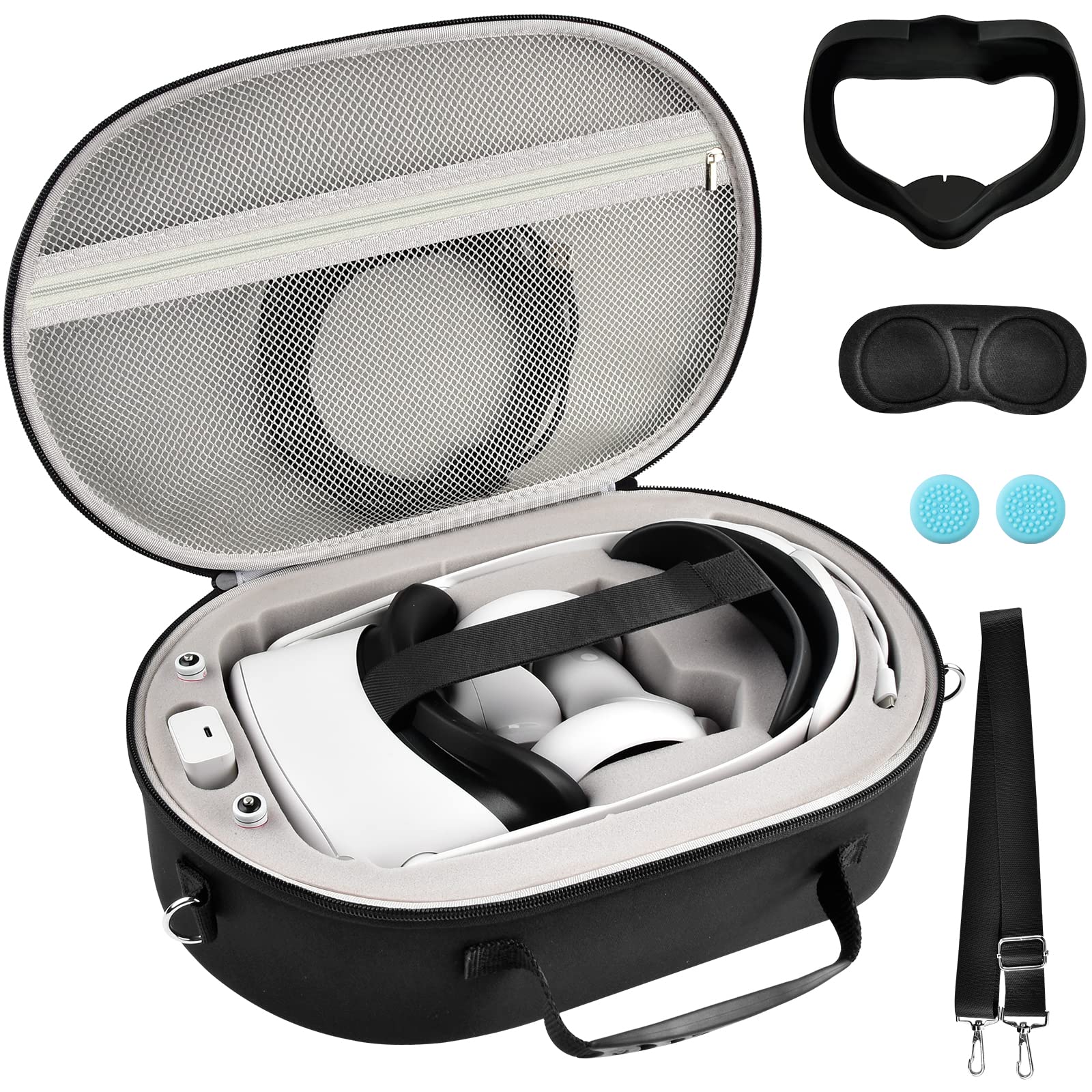 Oculus Quest 2 Carrying Case - Travel Storage Bag for VR Headset with Elite Strap & Touch Controllers - Includes Silicone Face Cover & Lens Protector - Perfect for Gaming, Travel, and Safe Storage