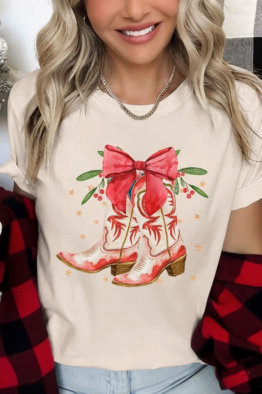 Christmas Cowgirl Boots Graphic Tee - Western Holiday T-Shirt for Women | Perfect for Christmas Parties & Cowgirl Outfits