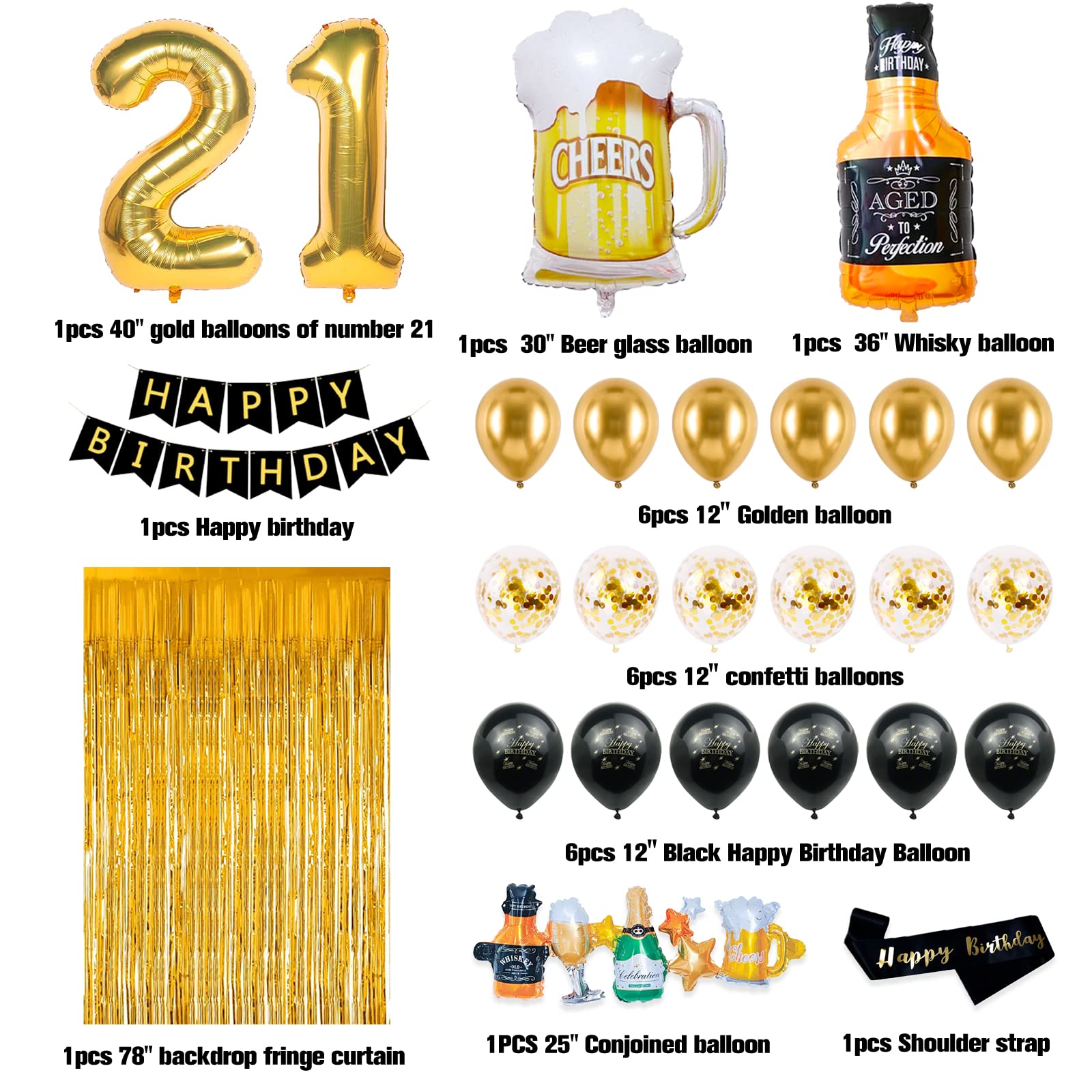 21st Birthday Party Decorations for Him & Her - Black & Gold Balloons, Banner, Fringe Curtain & Confetti Set - Perfect for 21st Birthday Celebrations, Milestone Parties & Adult Birthday Decor