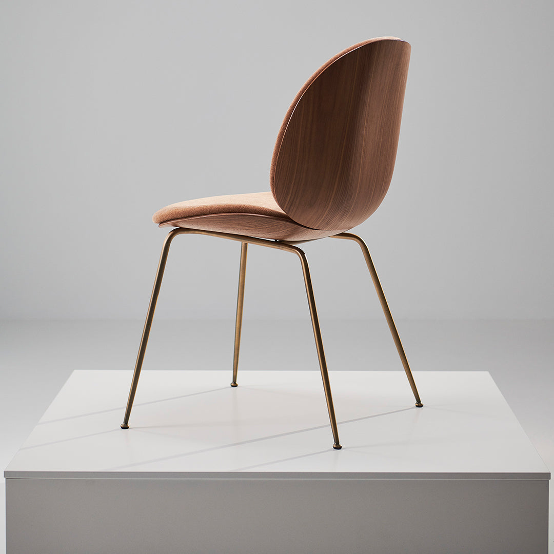 Modern Beetle Dining Chair with Front Upholstery & Conic Base - 3D Veneer Shell Design for Kitchen, Dining Room, or Office Space