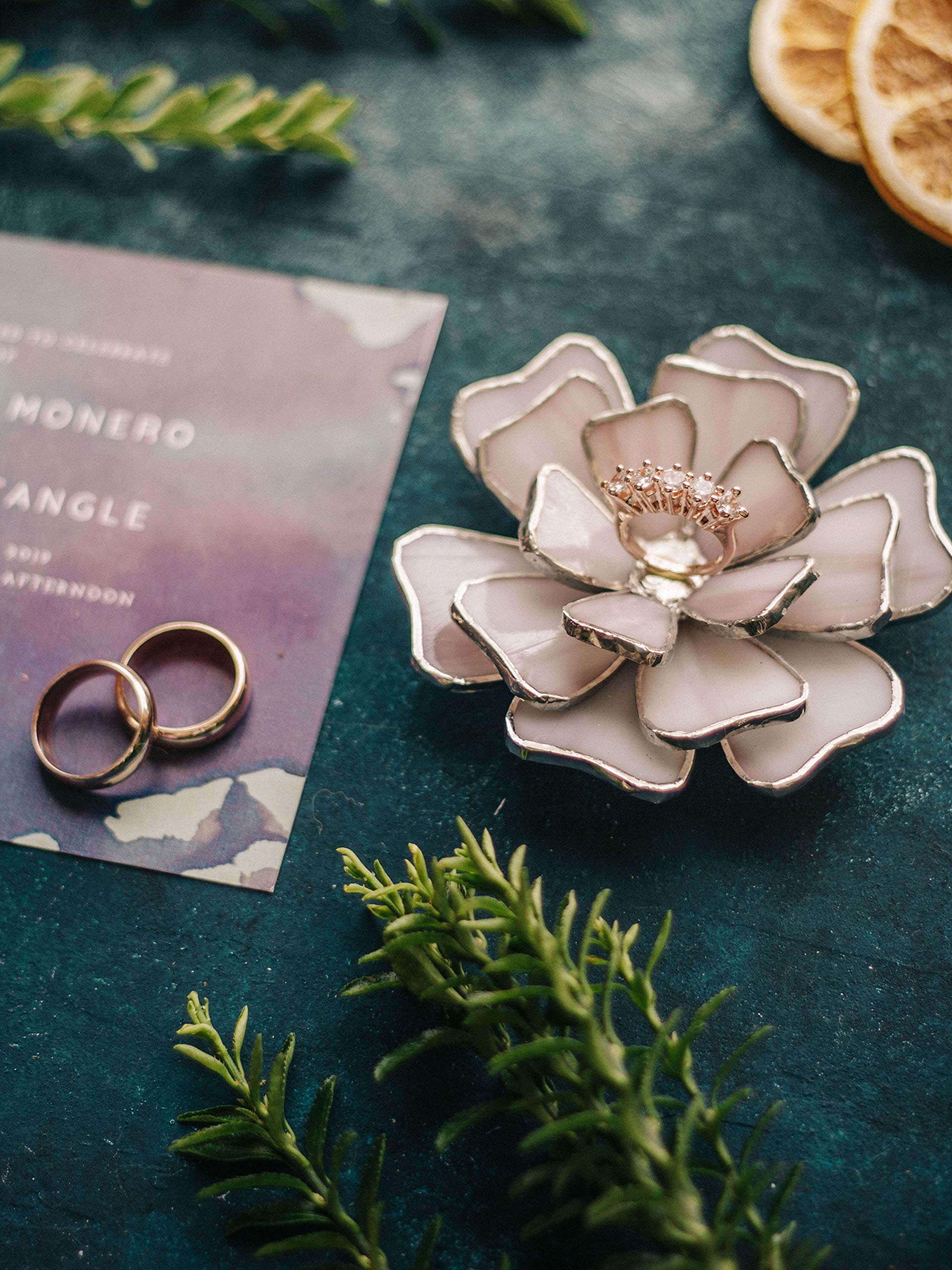 Elegant Glass Flower Ring Holder - Jewelry Organizer for Wedding, Engagement & Proposal Rings | Unique Ring Bearer Pillow Alternative | Perfect Anniversary & Valentine's Day Gift (Lilac & Off-White) | Great for Bedroom Dresser, Bathroom Counter & Bridal Shower Decor