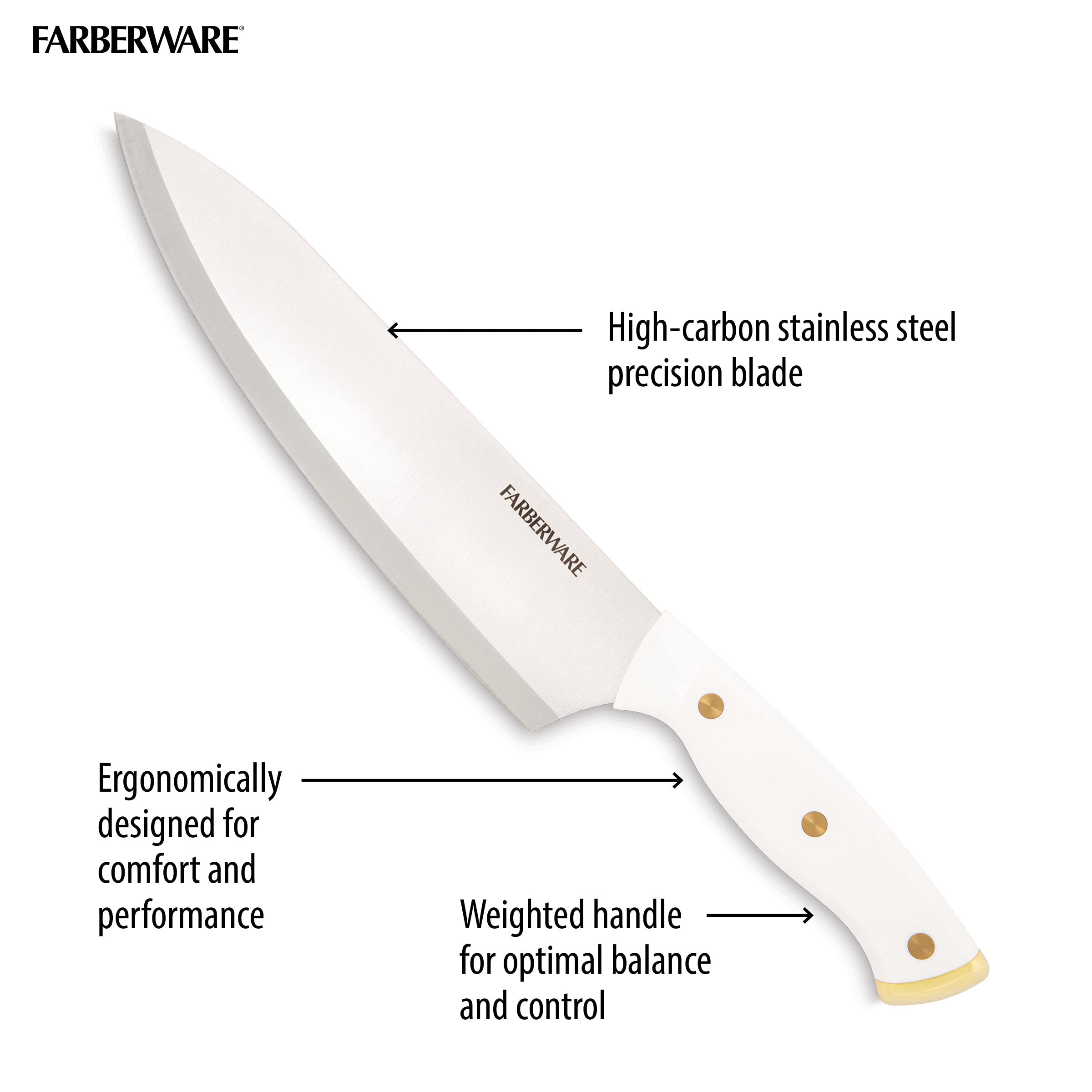 Farberware 15-Piece Triple Riveted Knife Block Set - High Carbon Stainless Steel Kitchen Knives with Razor-Sharp Blades & Wood Storage Block (White & Gold) - Perfect for Home Chefs, Cooking Enthusiasts & Professional Kitchens