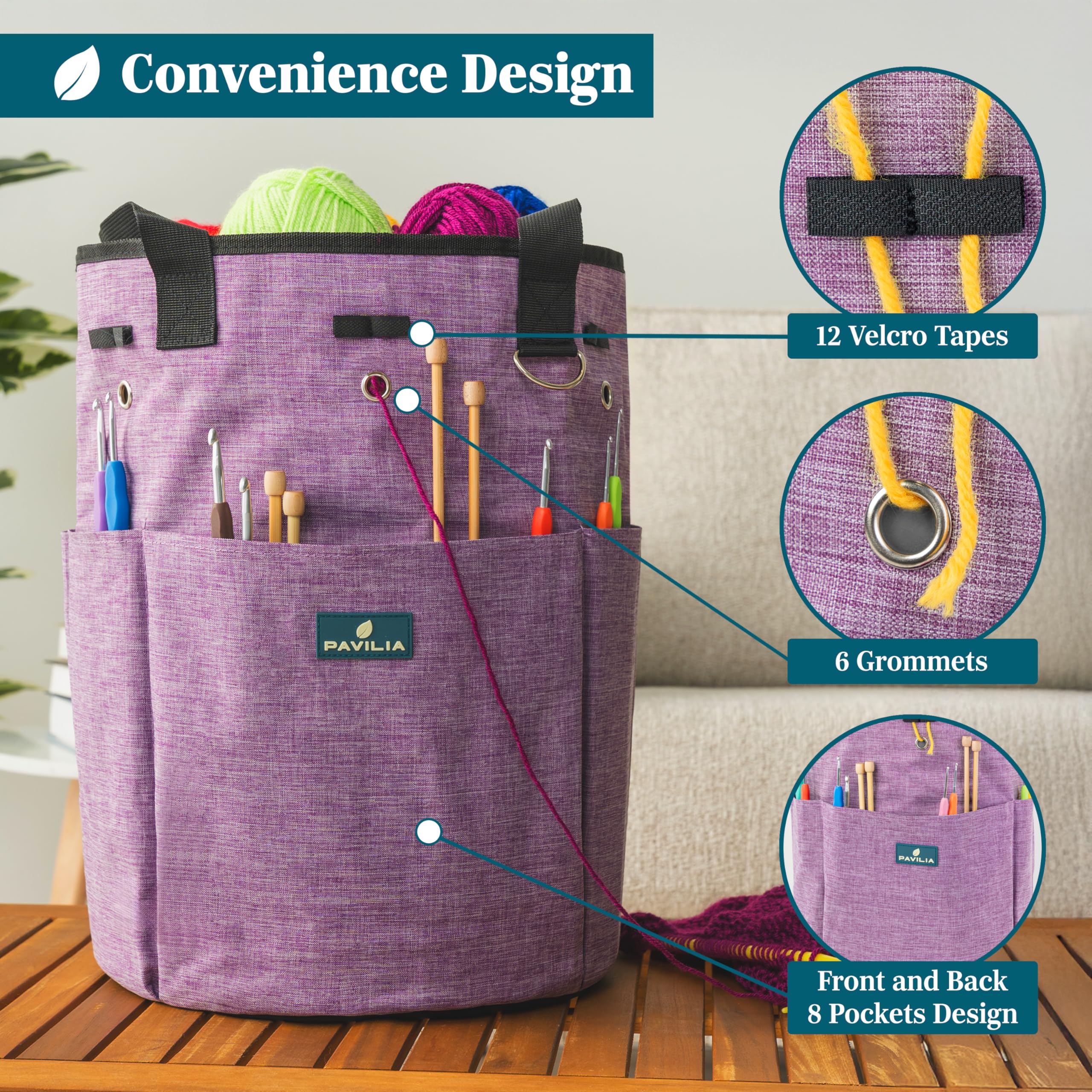PAVILIA Crochet Yarn Bag Organizer with Grommets - Perfect Gift for Knitters & Portable Craft Storage (Heather Purple) for Travel & Home Use