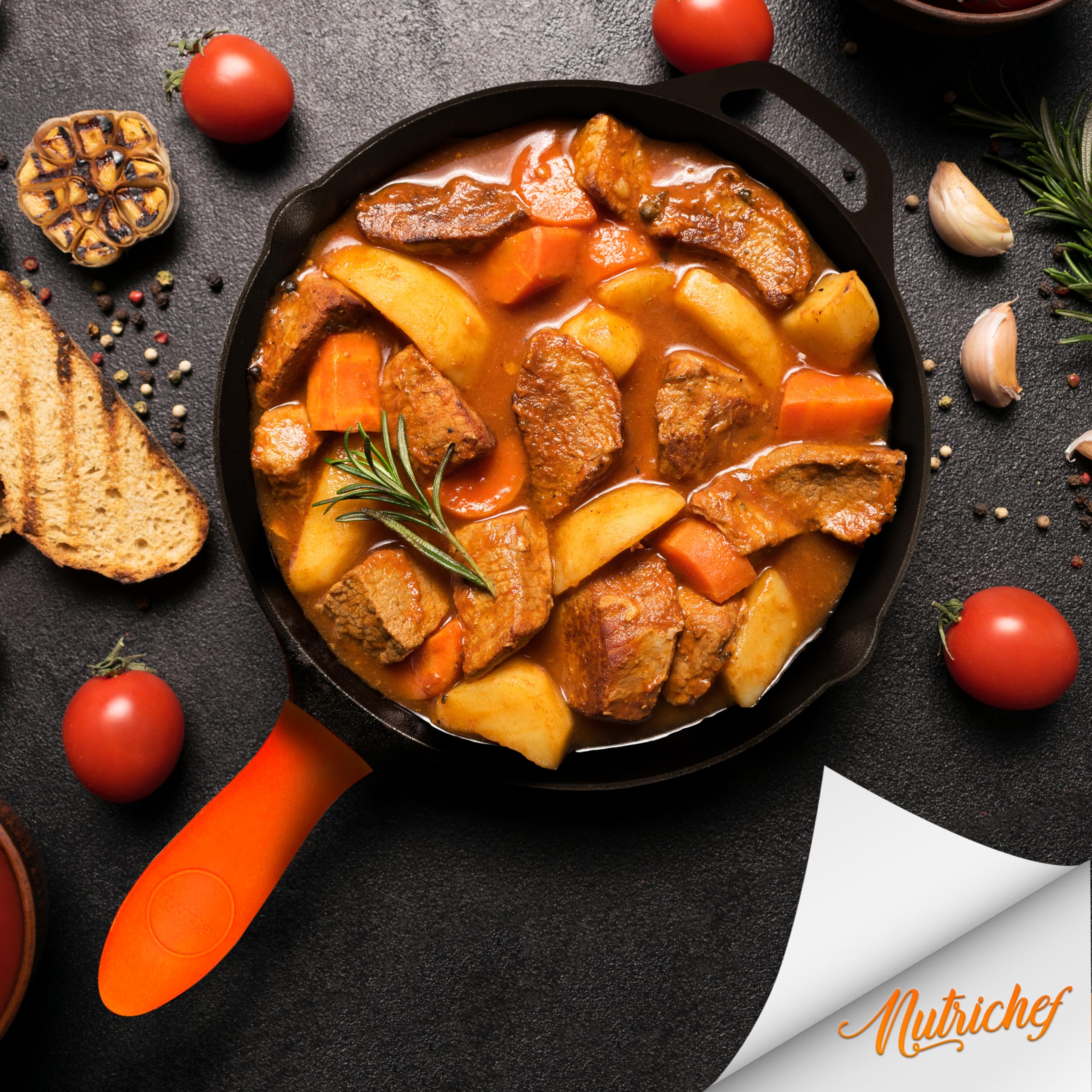 NutriChef 12-Inch Pre-Seasoned Cast Iron Skillet with Lid - Oven Safe, Nonstick Frying Pan with Cool-Touch Silicone Handle - Compatible with All Cooktops (Gas, Electric, Induction) - Perfect for Searing, Baking, and Stovetop Cooking - NCCI12