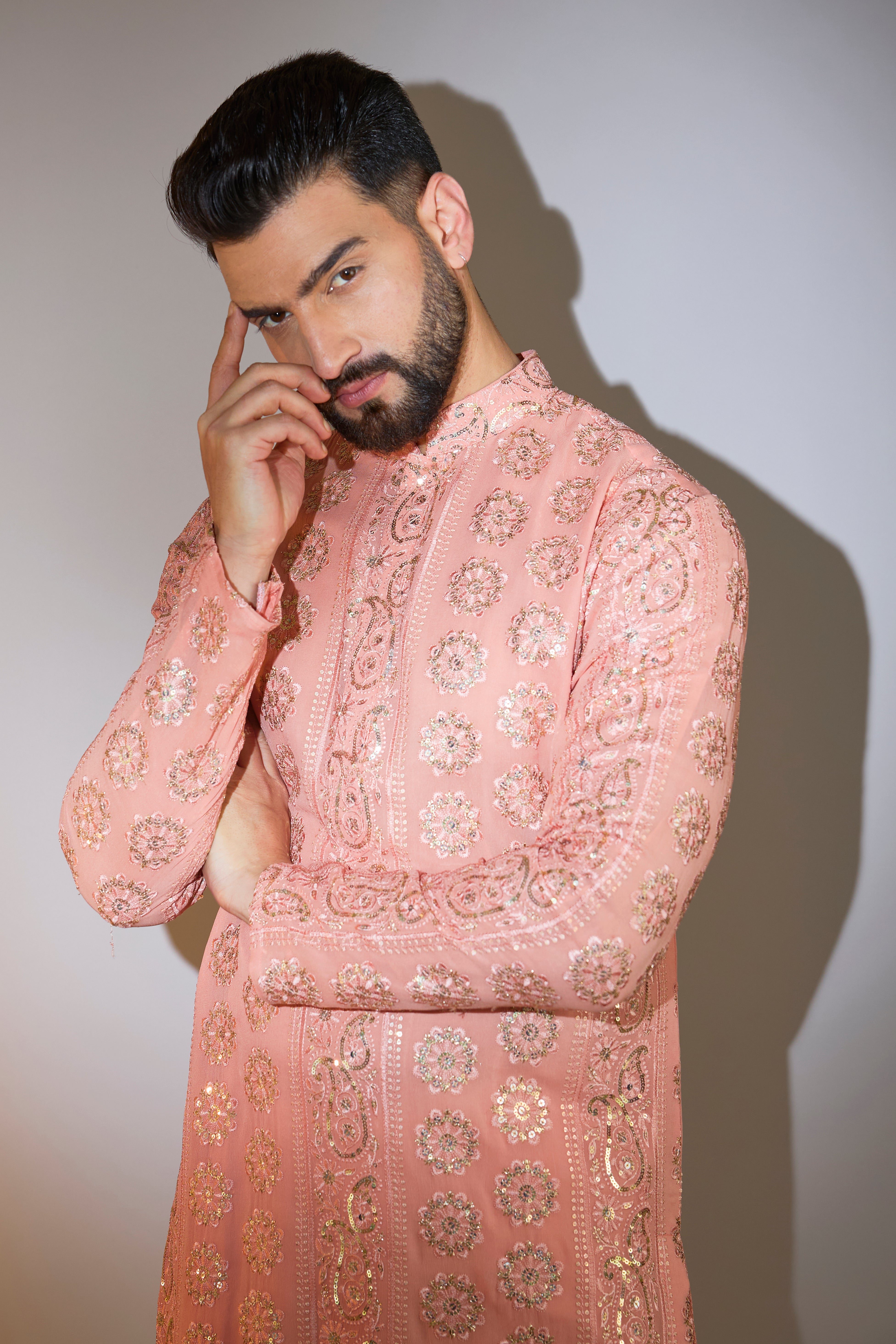 Stylish Peach Chikankari Kurta with Sequin Embroidery - Perfect for Festivals, Weddings & Ethnic Occasions