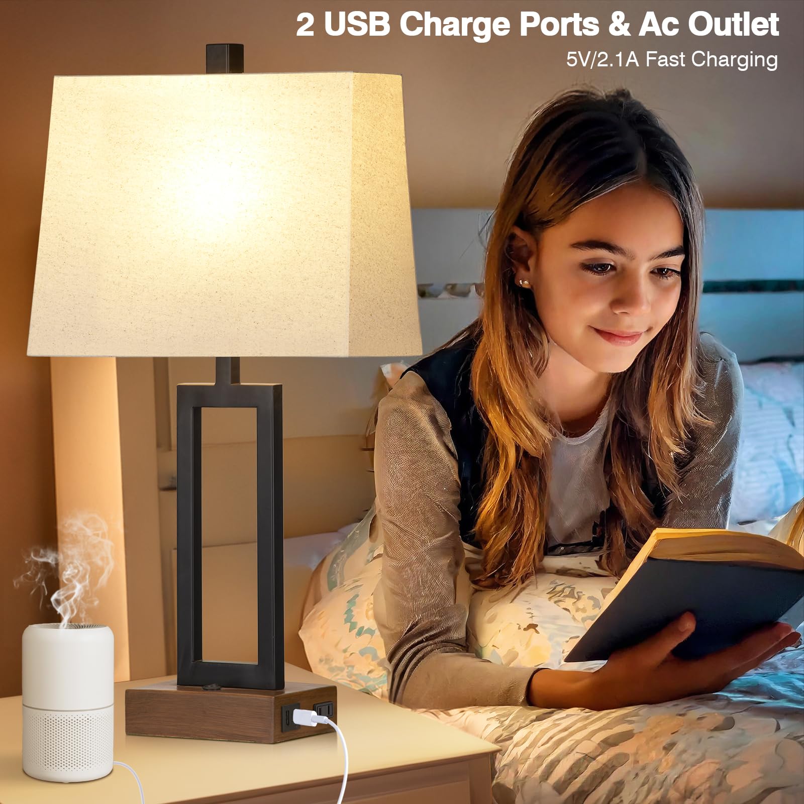 Modern Wood Nightstand Lamp Set of 2 with USB Ports & AC Outlet - 23.5