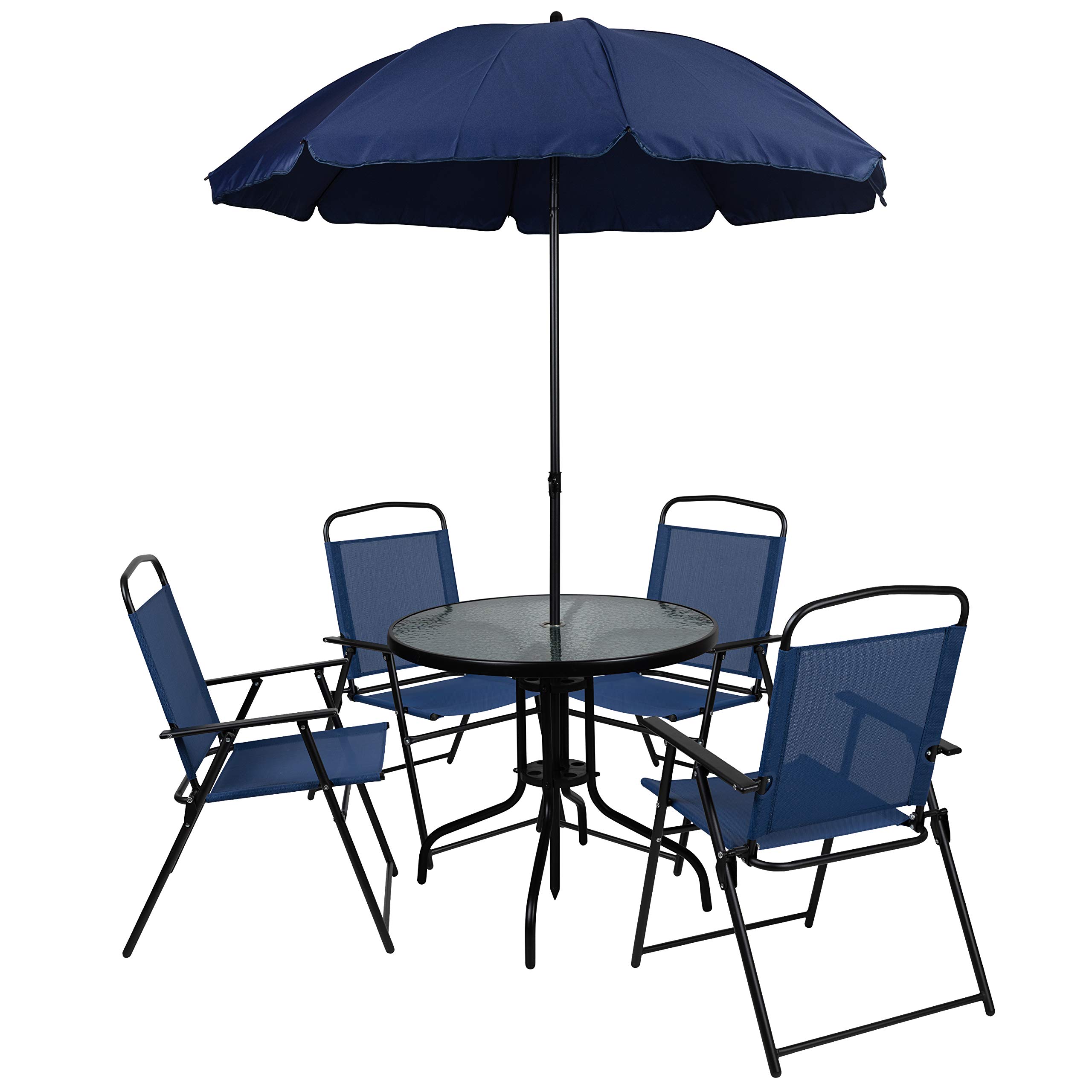 EMMA + OLIVER 6-Piece Navy Blue Outdoor Patio Furniture Set with Glass Table, Sun Umbrella & 4 Foldable Chairs - Perfect for Garden, Backyard, Poolside & Outdoor Dining