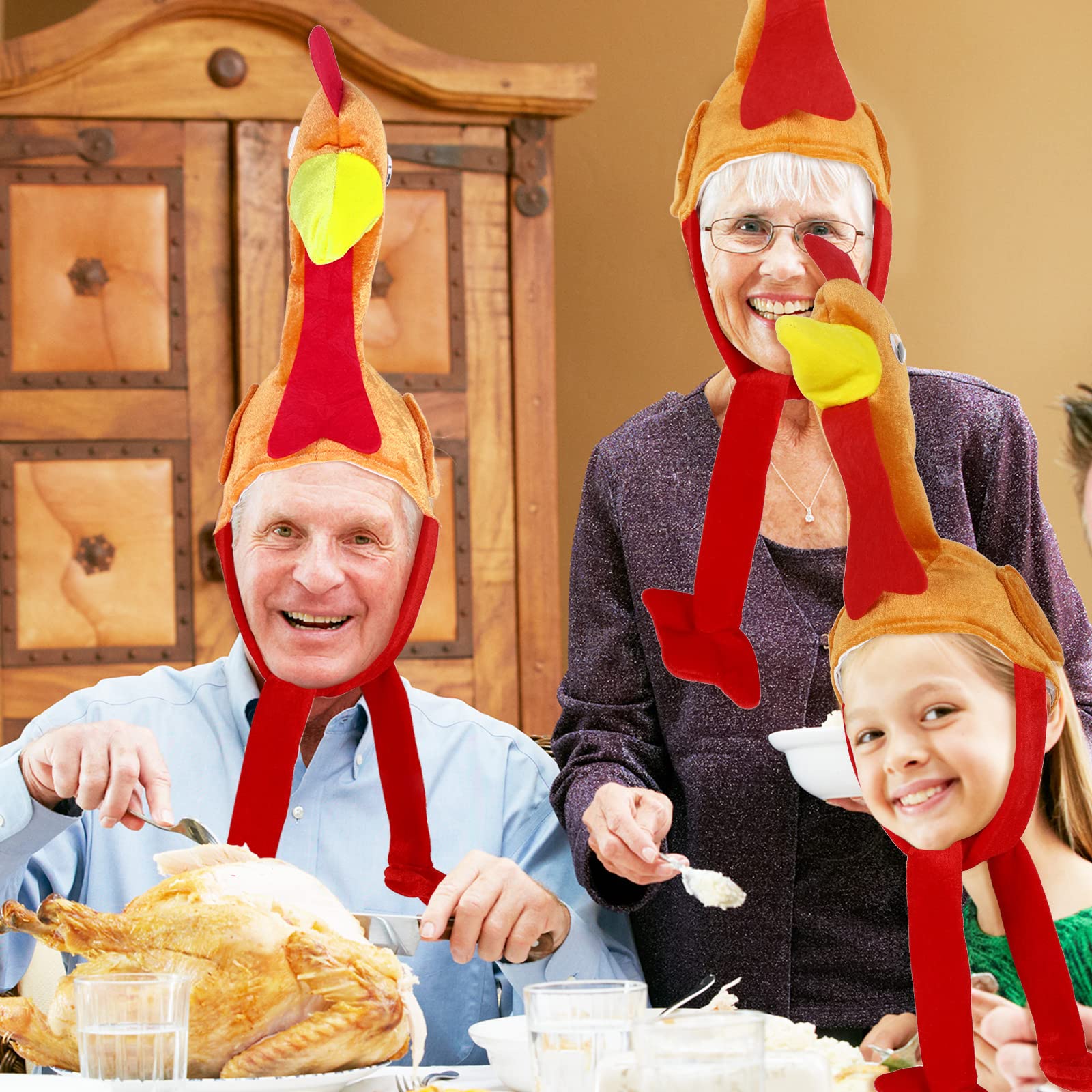 Whaline 2 Pack Funny Thanksgiving Turkey Hats - Long Leg Plush Turkey Trot Hats in Red & Yellow for Adults & Kids - Perfect for Thanksgiving Parties, Carnival Costumes, Dress Up, and Cosplay Accessories