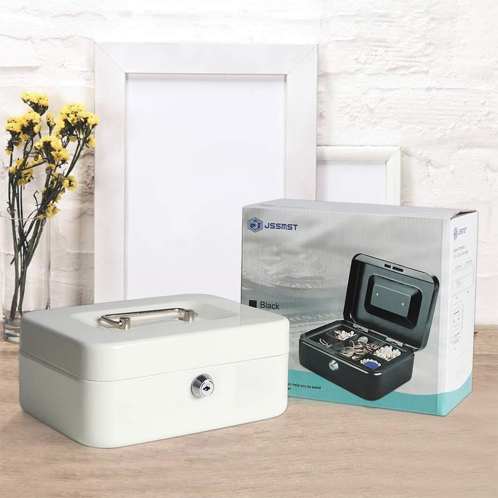 Jssmst Small Cash Box with Key Lock - Durable Metal Money Storage Box with Removable Tray for Home, Office & Retail Use (White, Model CB0105M) - Perfect for Cash Management, Small Business & Personal Savings