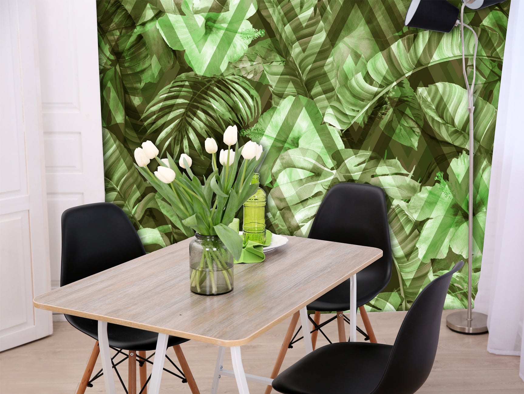 Geometric Floral Tropical Pattern Mural Wallpaper M1308 - Self-Adhesive Peel & Stick Wallpaper for Bedroom, Living Room, Bathroom Decor