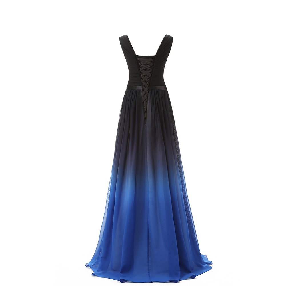 Elegant Black V-Neck Ombre Chiffon Long Formal Evening Dress for Prom, Gala & Special Occasions | Flowy Gradient Sash Design | Perfect for Weddings, Parties & Red Carpet Events