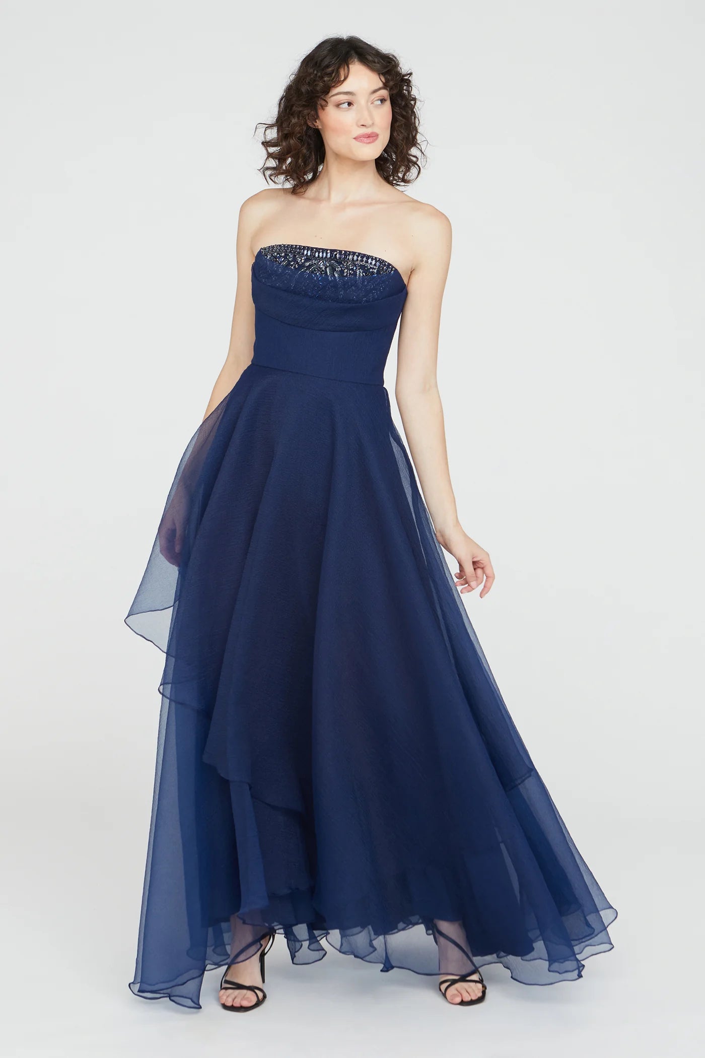 Elegant Aubrey Asymmetric Organza Evening Gown in Navy Blue - Perfect for Prom, Wedding Guest & Formal Events