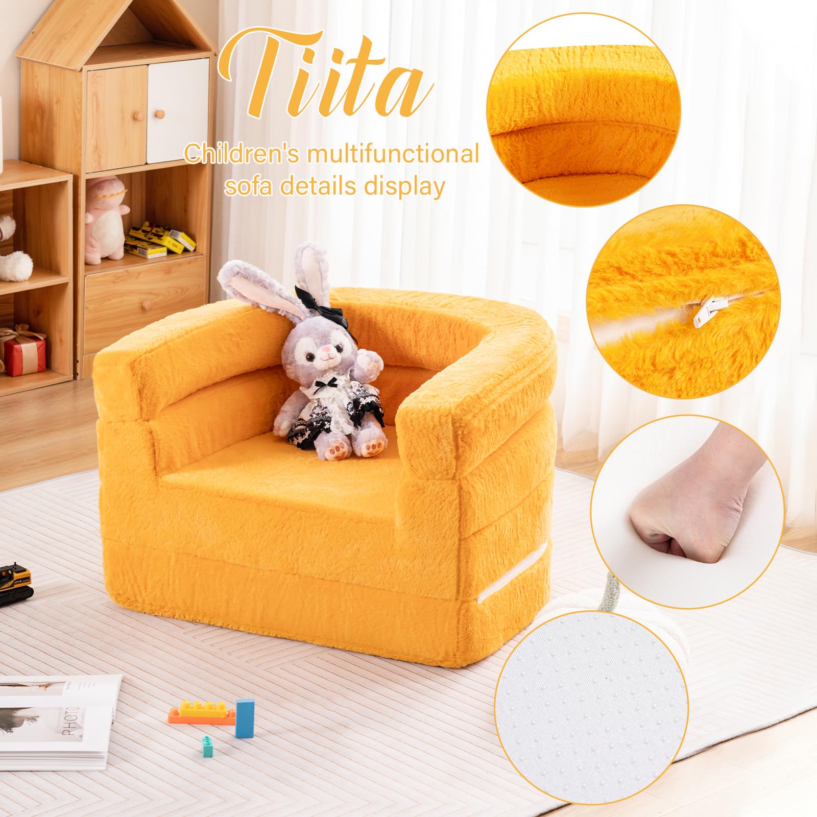 Tiita 3-in-1 Convertible Kids Sofa Bed - Plush Toddler Chair & Travel Bed with Washable Cover & Carrying Handle - Perfect for Nursery, Playroom & Travel - Gift for Boys & Girls