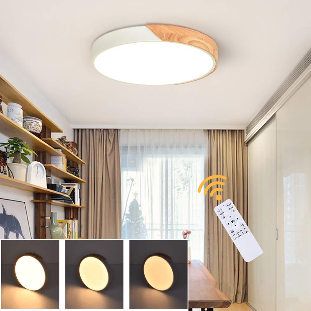 Modern Minimalist LED Flush Mount Ceiling Light - 19 Inch Round Dimmable Fixture with Remote Control (Wood, Metal & Acrylic, White) - Perfect for Living Room, Bedroom, Kitchen and Office Lighting