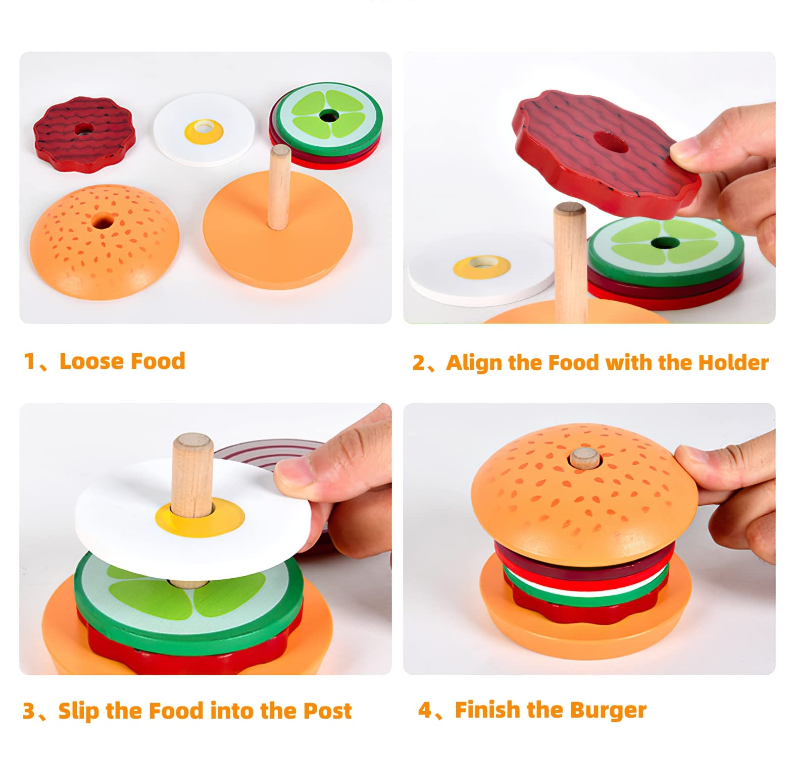 Wooden Burger Sandwich Stacking Toys for Kids - Montessori Learning Toys for Toddlers & Preschoolers to Develop Fine Motor Skills - Pretend Play Kitchen & Educational Stacking Game for Children