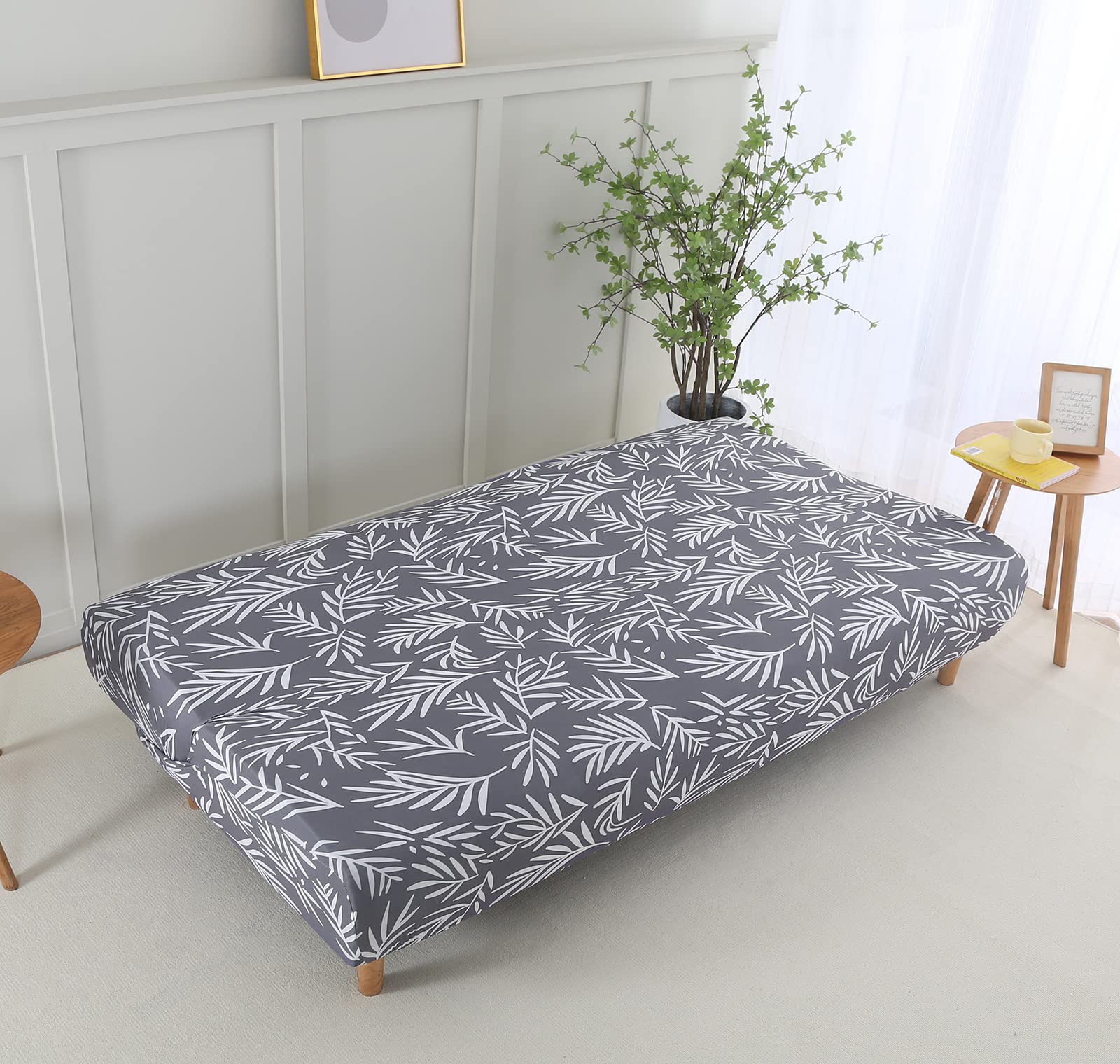 Stretch Elastic Armless Futon Cover - Slipcover for Folding Sofa Bed, Furniture Protector for Foldable Futon Without Armrests (Grey Leaves) - Perfect for Small Spaces, Guest Rooms & Dorm Decor