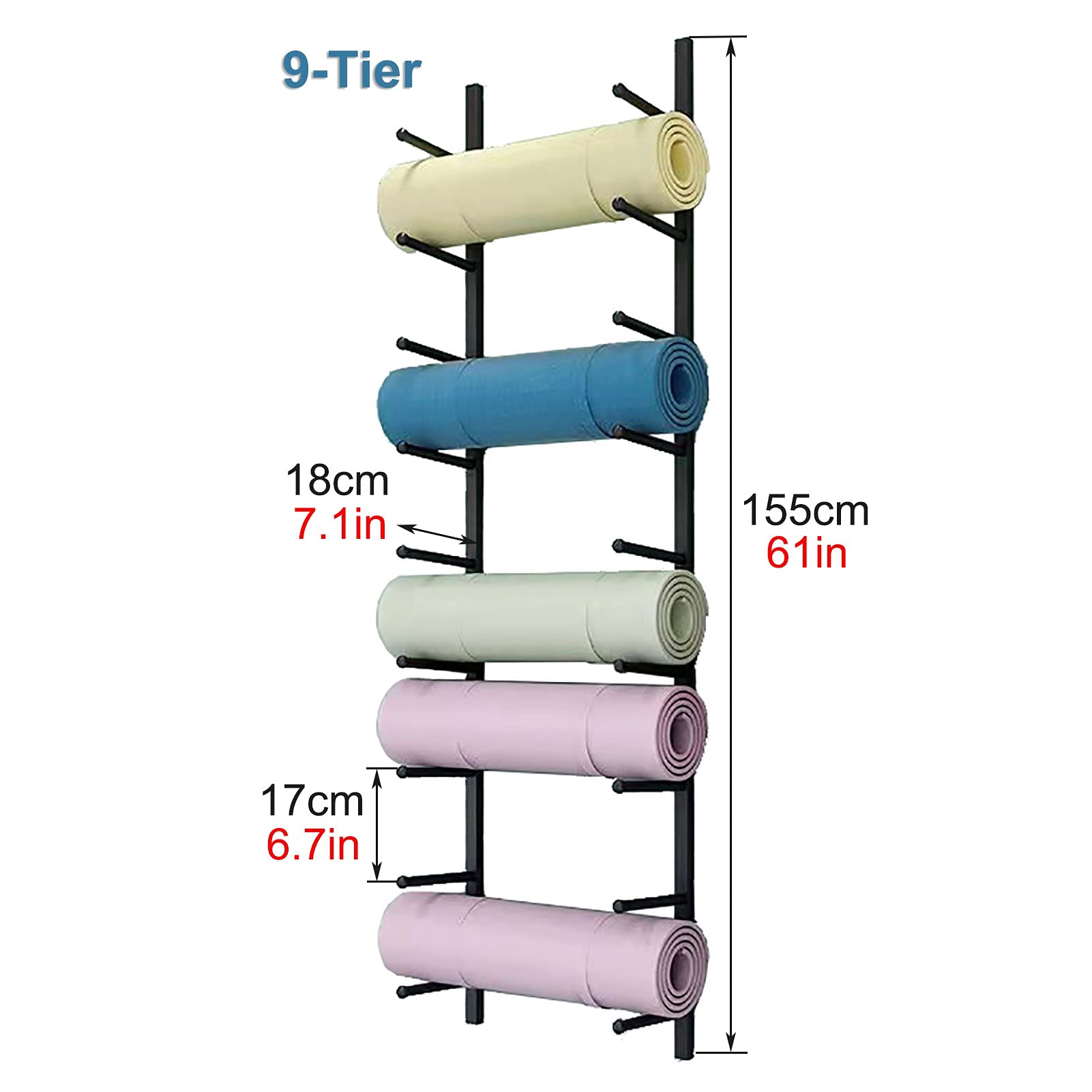 9-Tier Large Capacity Wall Mount Yoga Mat Holder with Hooks - Foam Roller Storage Rack for Yoga Studio (Black) - Perfect for Home Gym, Fitness Room & Yoga Practice Organization