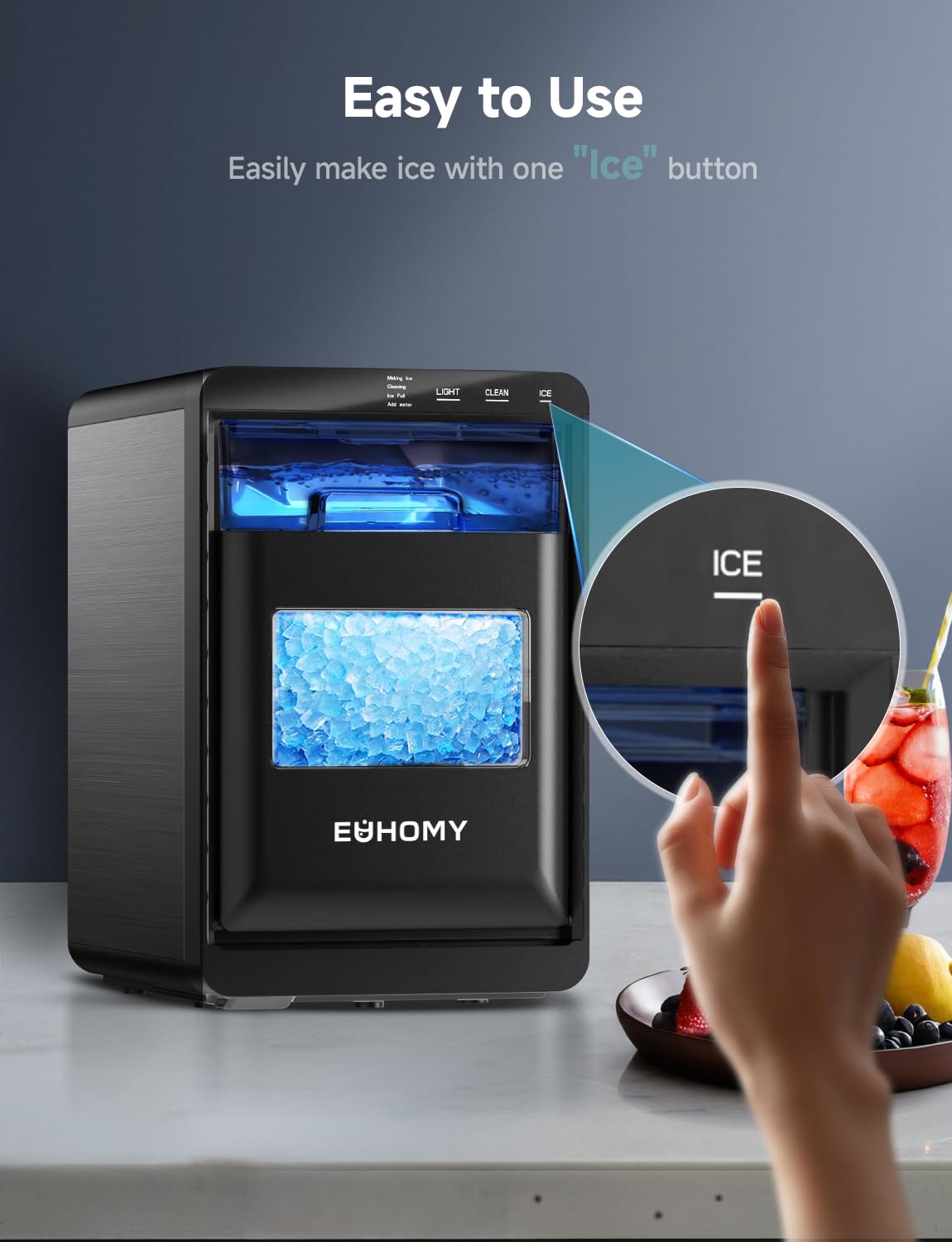 EUHOMY 44Lbs/24H Countertop Nugget Ice Maker with Self-Cleaning, Ice Scoop & Basket - Portable Pebble Ice Machine for Cocktails, Sodas, Smoothies - Perfect for Home Kitchen, Office, Bar (Black)