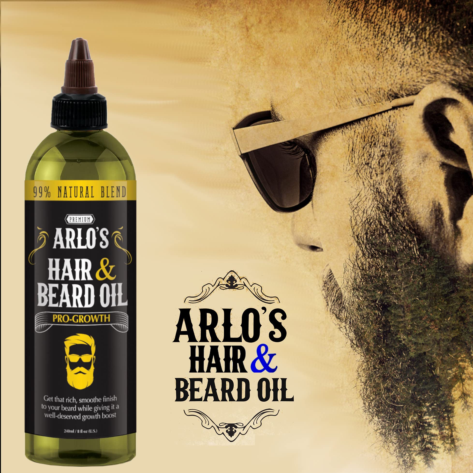 Arlo's Pro-Growth Hair & Beard Oil - 8oz Natural Hair Growth Serum for Men | Mustache Oil, Beard Oil & Scalp Treatment | Promotes Thicker Hair & Faster Growth - Perfect for Daily Grooming & Styling Routine
