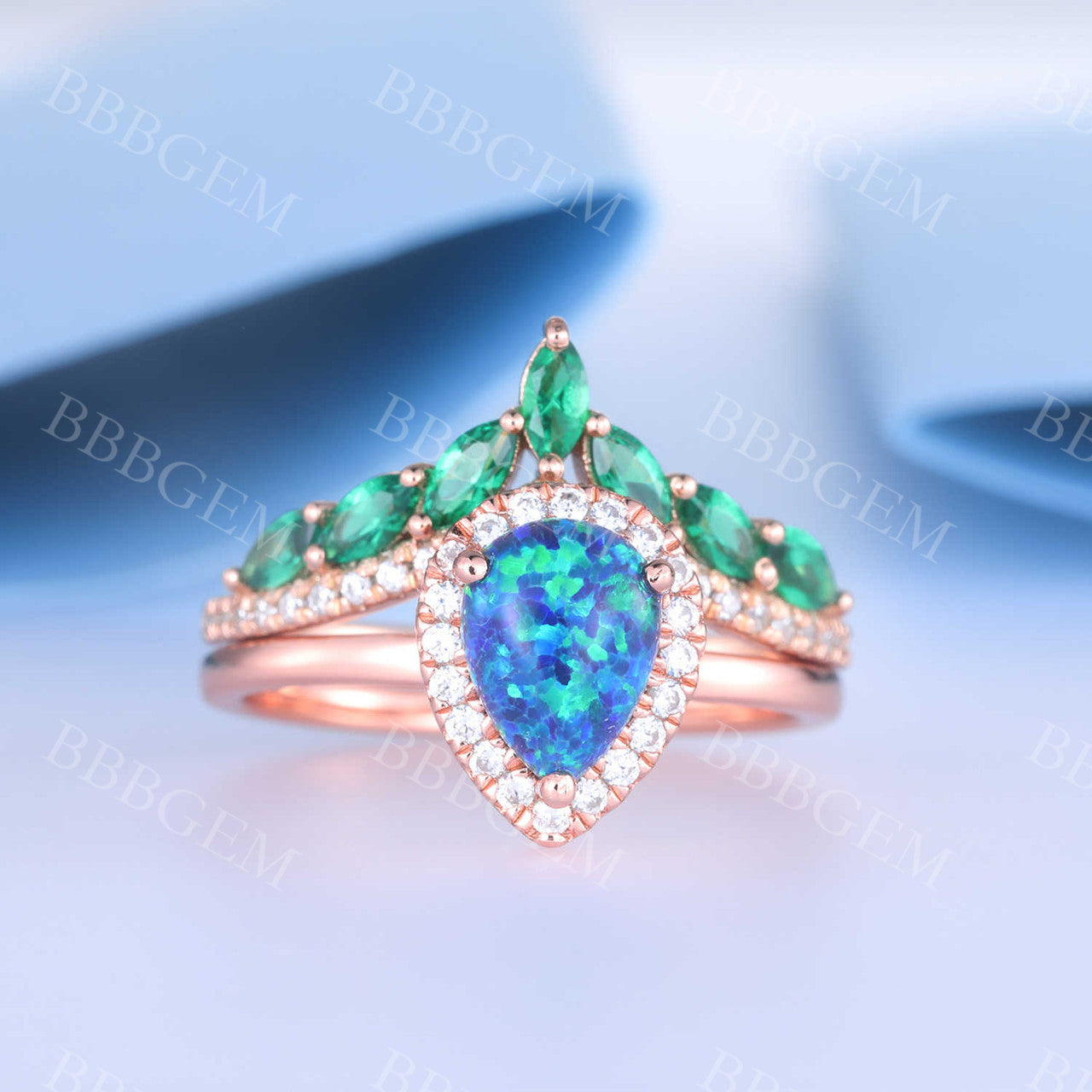 Blue Lab-Created Opal & Marquise Emerald Diamond Bridal Set in Rose Gold – Perfect for Weddings, Anniversaries & Special Occasions