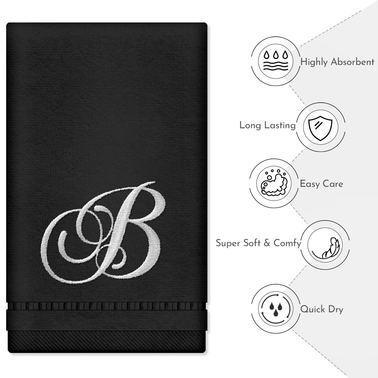KLL Monogrammed Hand Towels Set - 100% Cotton Embroidered Bathroom Towels (11x18 Inches, Black, Letter B) - Soft & Absorbent Fingertip Towels for Guest Bathrooms, Powder Rooms & Spa Decor - Set of 2