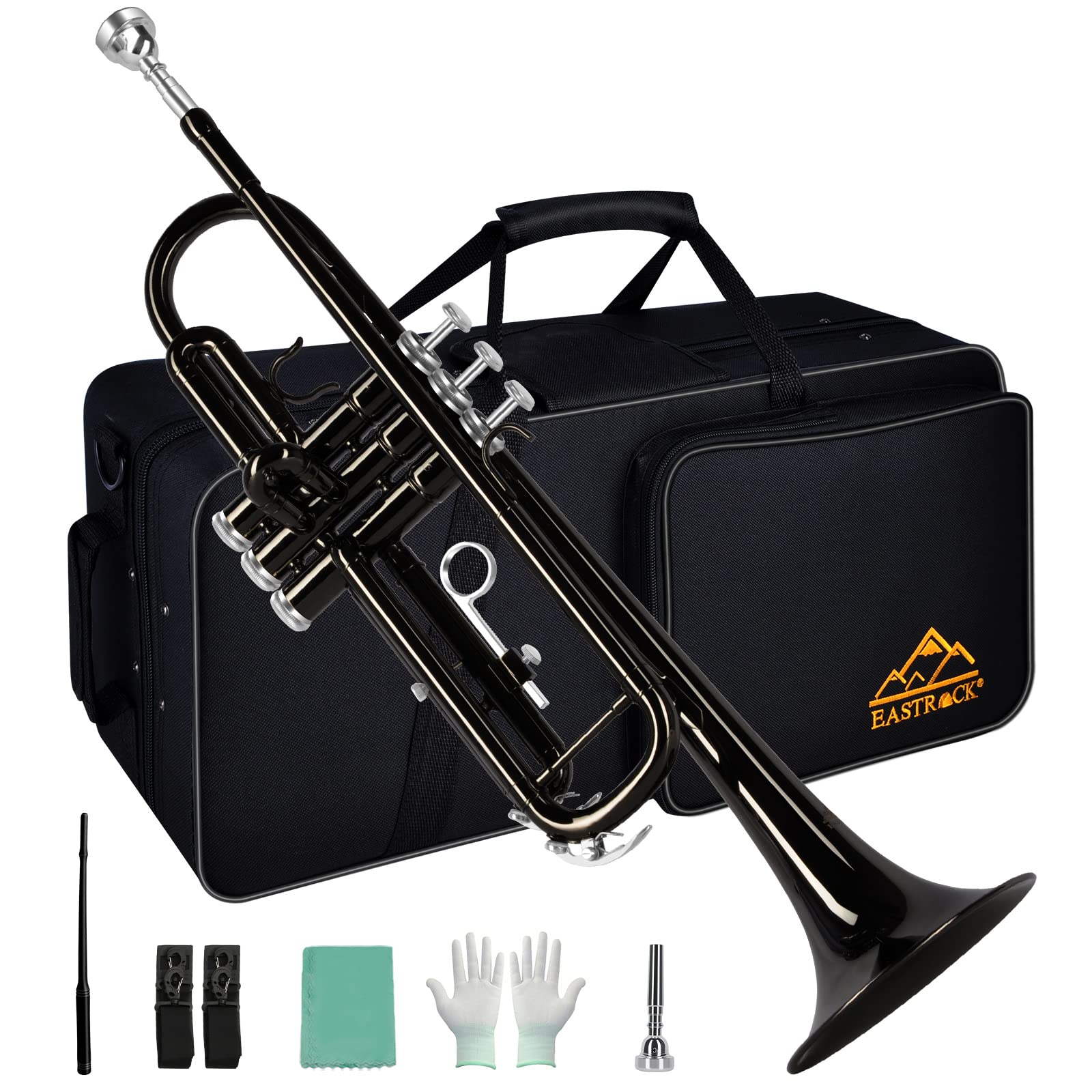 EASTROCK Bb Trumpet Standard Brass Instrument Set with Hard Carrying Case, Cleaning Kit, 7C Mouthpiece & Gloves - Professional Beginner Trumpet for Students, Band Practice, Jazz Performances & School Music Classes (Black)