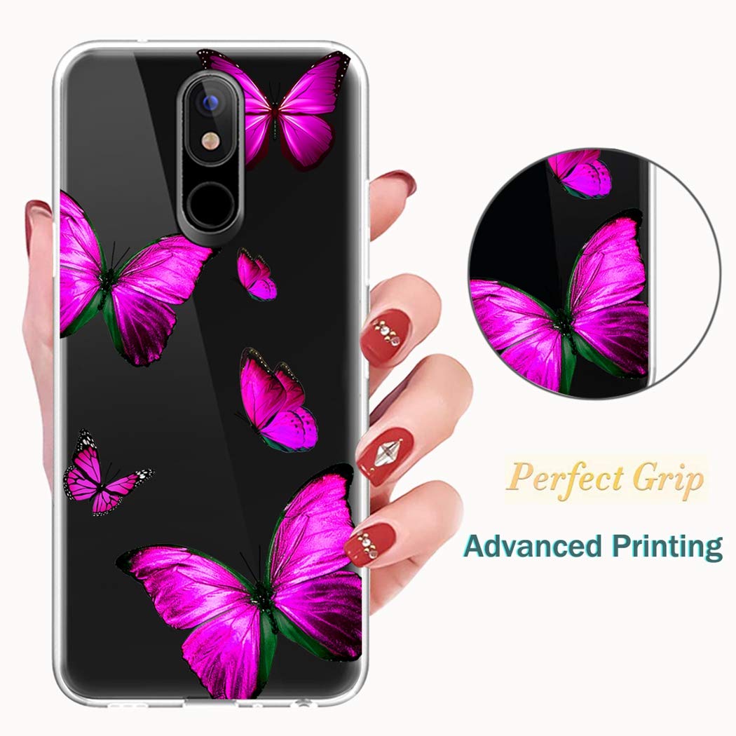LG K40/K12 Plus/X4 2019/Solo LTE/Harmony 3/Xpression Plus 2 Clear Soft TPU Shockproof Protective Phone Case - Rose Butterfly Design for Women & Girls | Perfect for Everyday Use, Work & Travel