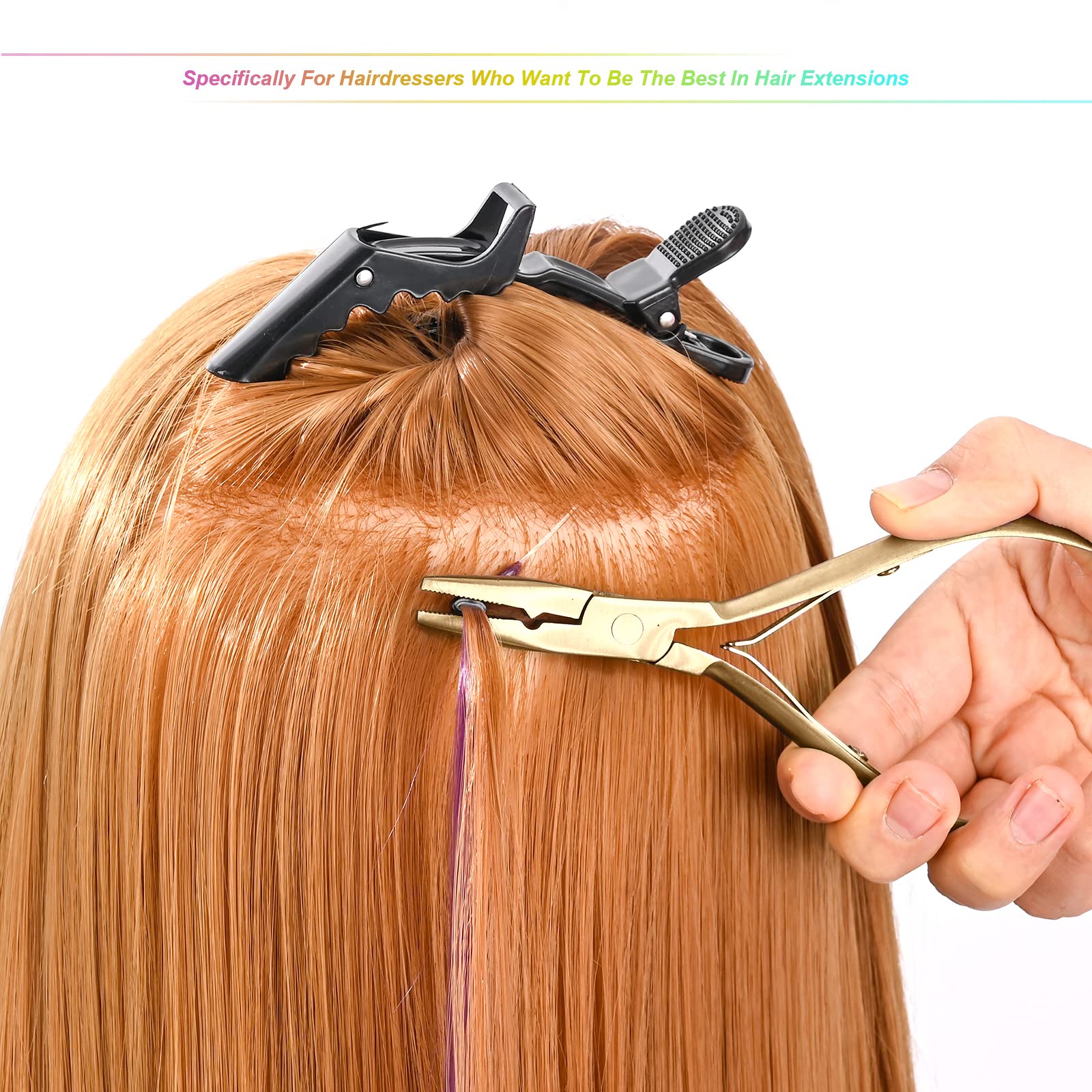 **EHDIS Professional Hair Extension Beading Tool Kit - Stainless Steel Micro Link Bead Closer & Remover Pliers Set with Hair Pulling Hook & Micro Ring Loop Tool (Gold) - Perfect for Salon Styling & DIY Hair Extensions**