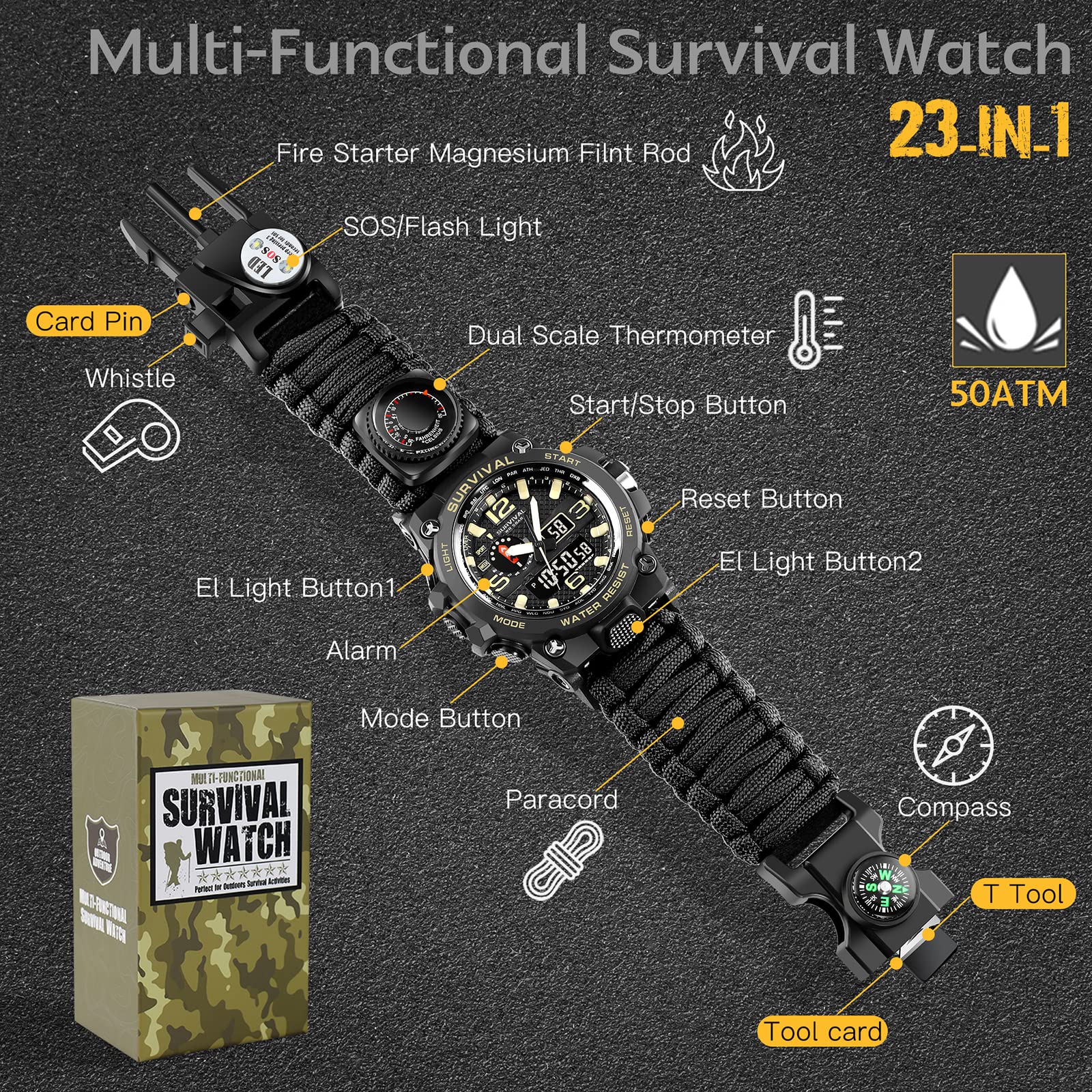 Kavie 23-in-1 Tactical Watch for Men - Waterproof Outdoor Survival Watch with Compass & Fire Starter for Hiking & Camping