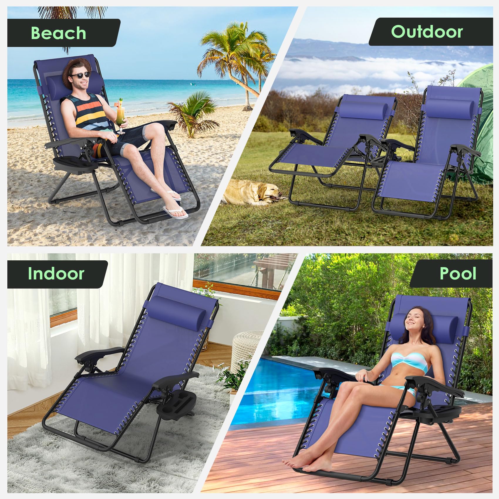 Suteck Zero Gravity Chairs Set of 2 - Heavy Duty Reclining Lounge Chairs with Upgraded Lock, Extra Large Cup Holder & Pillow - Foldable Patio Chairs for Indoor/Outdoor Use - Perfect for Backyard, Poolside, Beach, Camping (Blue)