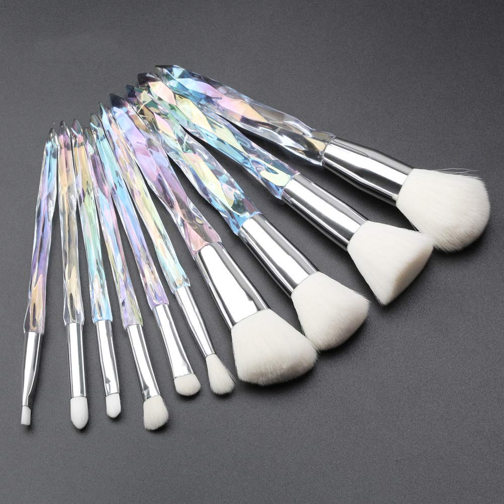 Premium Crystal Handle Makeup Brush Set - Kabuki Powder, Foundation, Concealer, Eyeshadow, Eyeliner & Eyebrow Brushes with Transparent White Handle for Professional Makeup Application & Travel Beauty Kit
