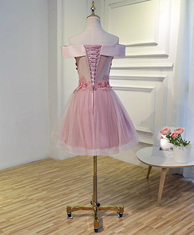 Elegant Pink A-Line Off-Shoulder Knee-Length Prom Dress with Lace Details - Perfect for Homecoming, Prom Night, and Formal Occasions