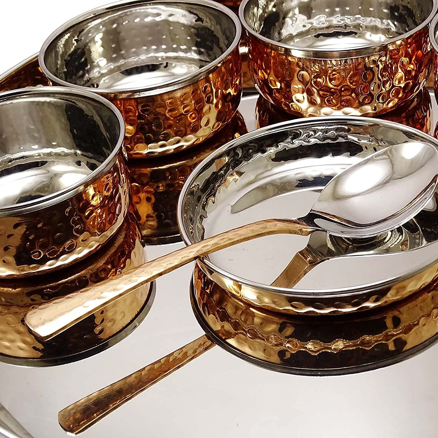 Traditional Indian Stainless Steel & Copper Hammered Thali Set - Includes Plates, Bowls, Glass & Spoon - Elegant Home & Kitchen Serving Tableware for Festivals, Weddings & Daily Dining