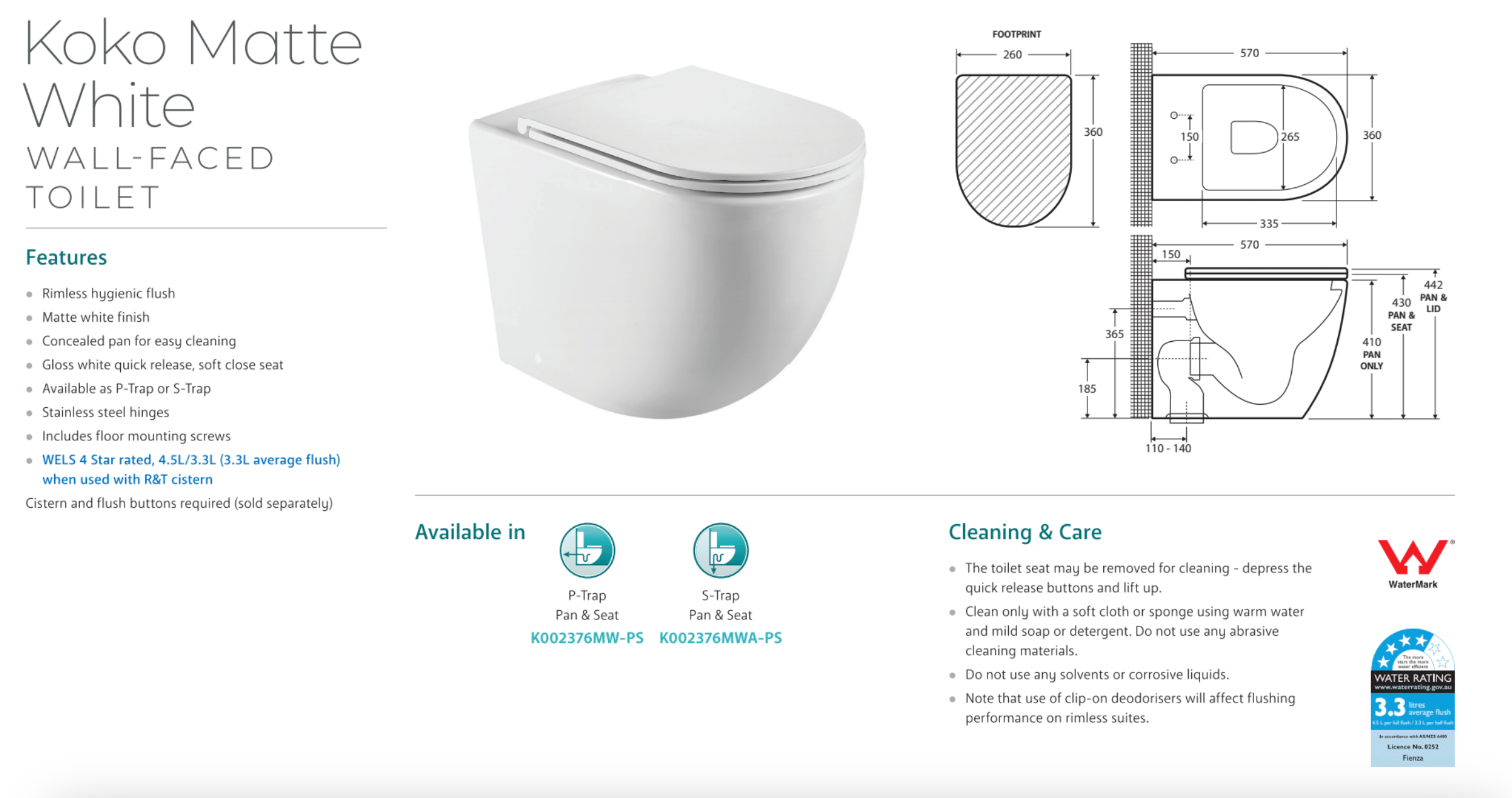 Fienza K002376MWA PS Koko Matte White Wall-Mounted Toilet Suite with S-Trap - Modern Water-Saving Bathroom Fixture for Small Spaces & Contemporary Homes