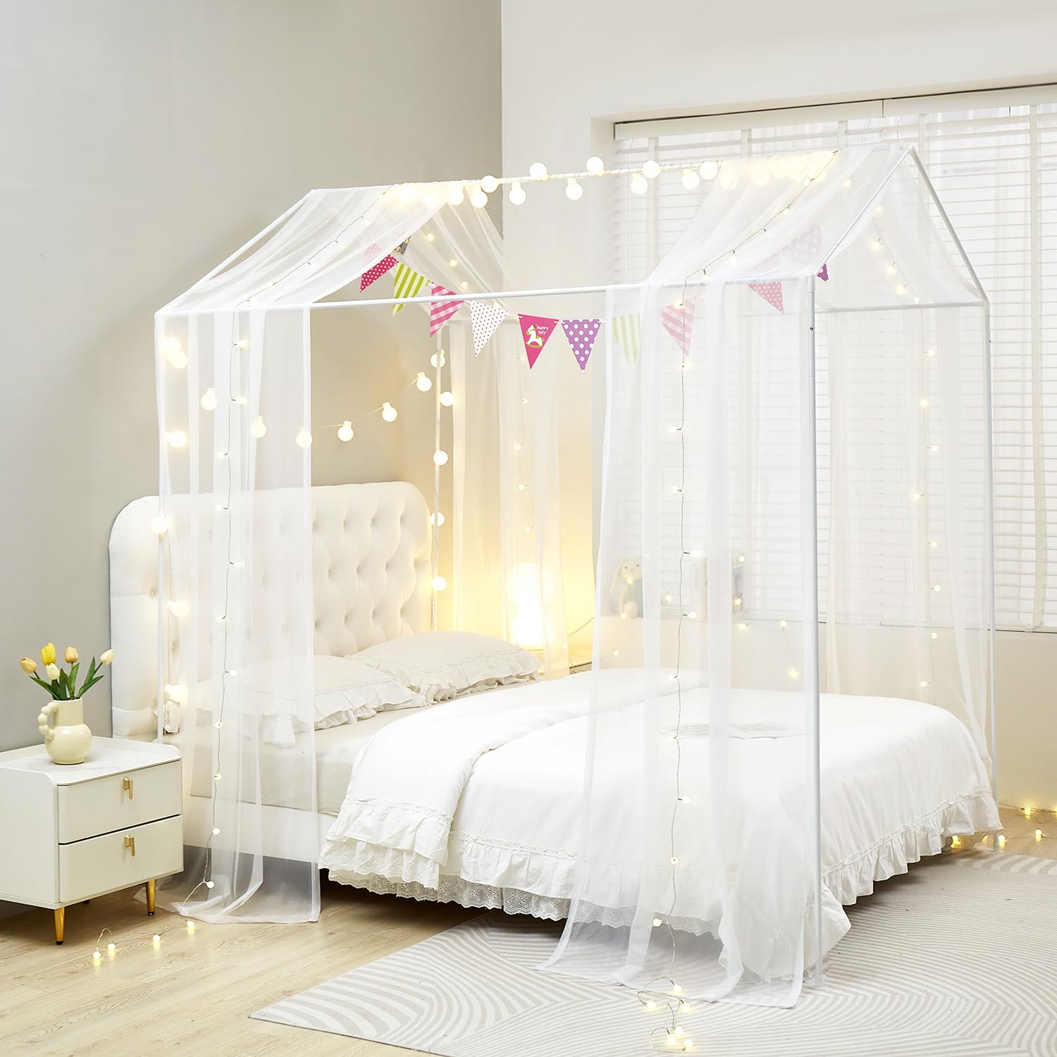 **Mengersi House Bed Canopy with LED Lights - Montessori Floor Bed Canopy for Kids, Girls & Boys - Four Poster Bed Curtains for Twin/Twin XL - White - Perfect for Nursery, Bedroom & Playroom Decor**